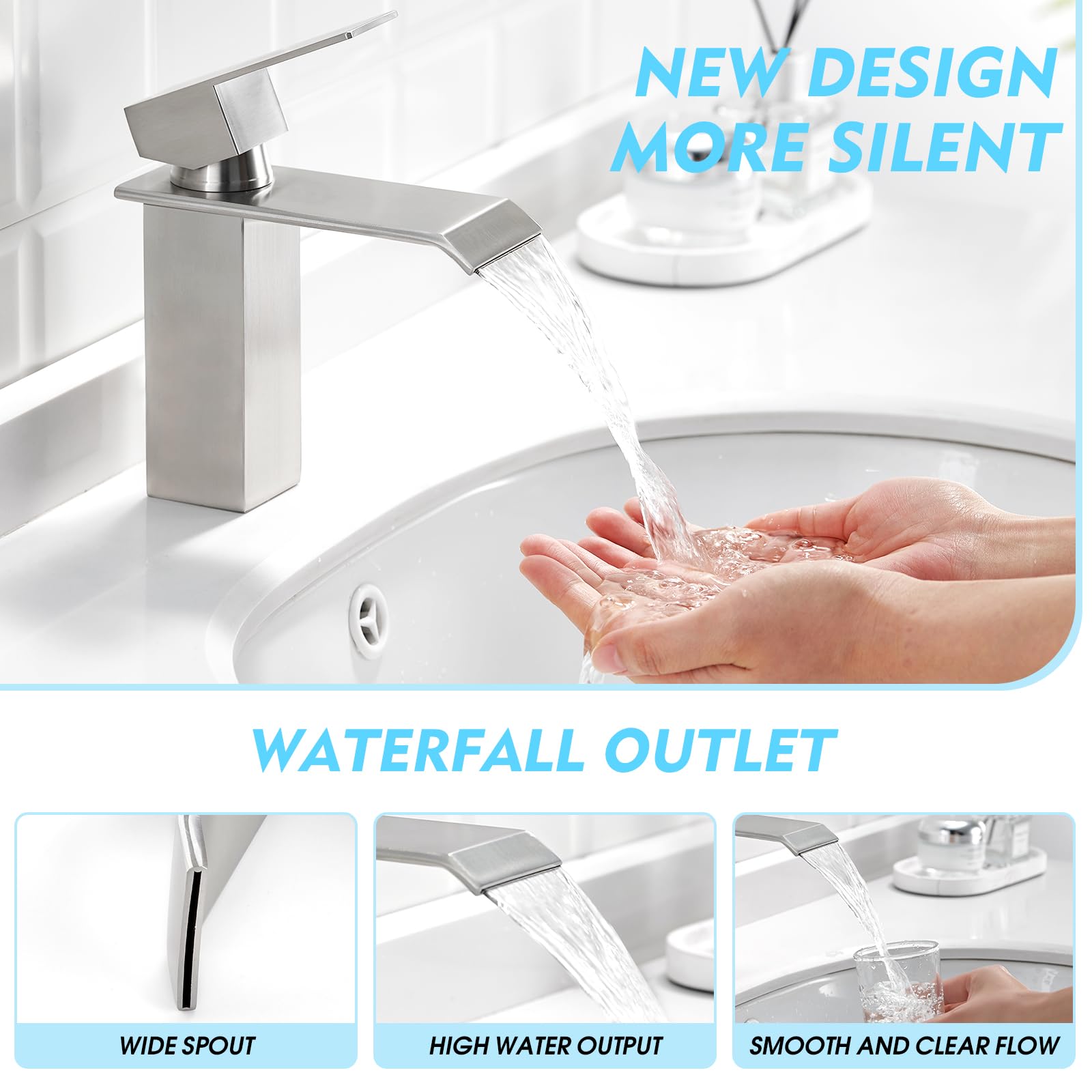 CREA Grifo de Baño Cascada Moderno, Monomando Lavabo Mezclador, Acero Inoxidable