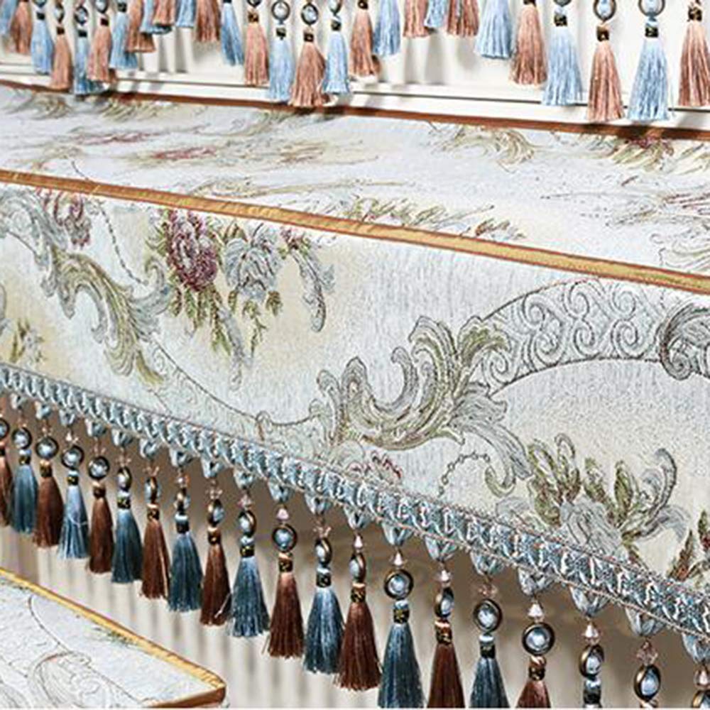 Set Di Coperture Per Pianoforte In Tessuto,lusso Europeo Chenille Jacquard Copertura Polvere Pianoforte Insieme Di 3 Con Nappe E Perline Di Cristallo Per Tastiera Sgabello In Alto Blu Rivestimento