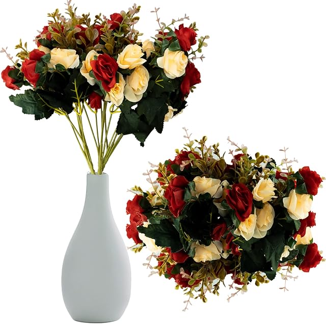 3 Bundles Artificial Flowers Rose Artificial Flowers Outdoor UV Resistant Plants Faux Plastic Greenery Shrubs Indoor Outside Hanging Planter for Home Wedding Office Table Decoration Gift Red