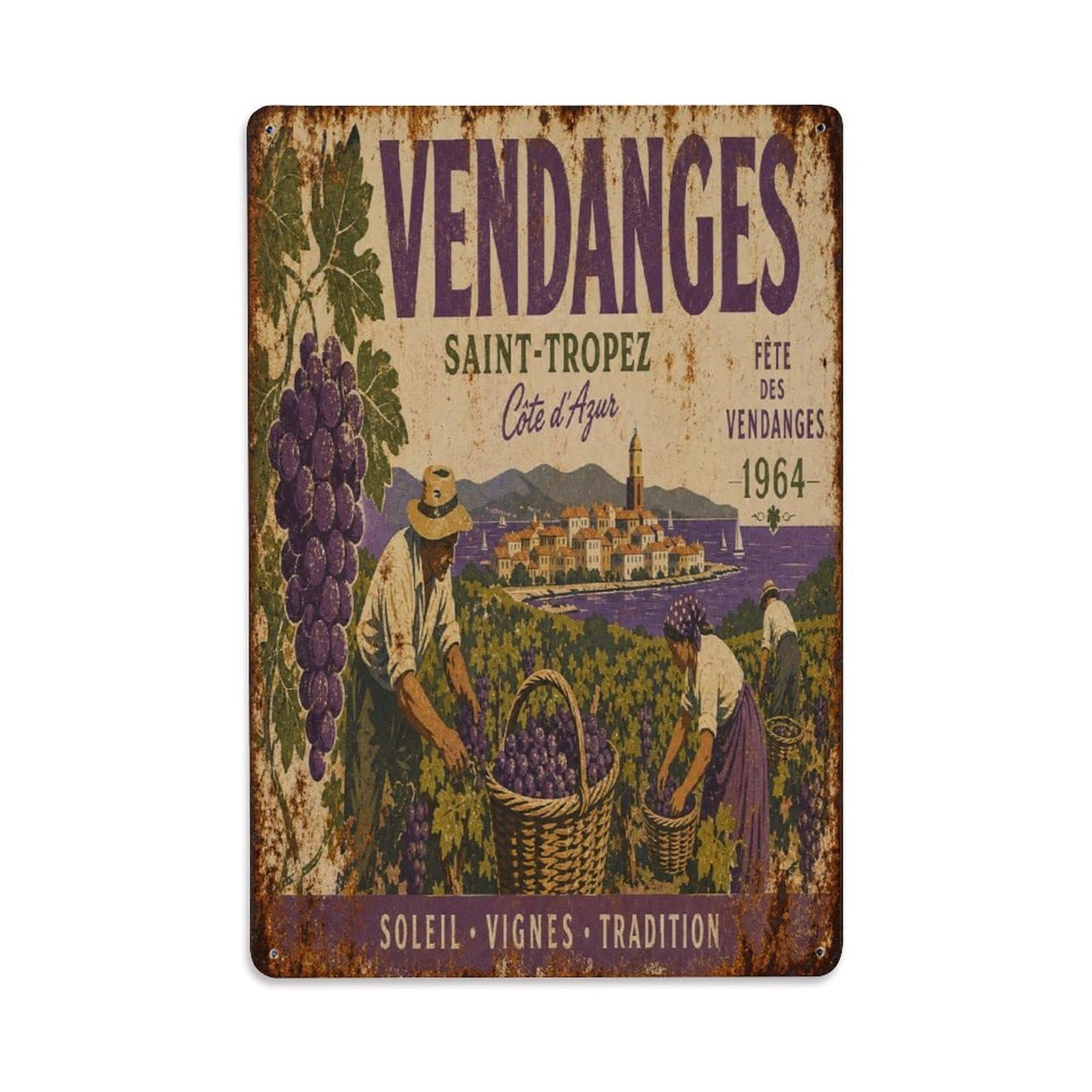 Provence Vineyard Harvest Classic Grape Country Metal Tin Sign Plaque Wall Decor for Cafe, Man Cave, Club Bar, Office, Home Garden Round Metal Poster 8x12Inch