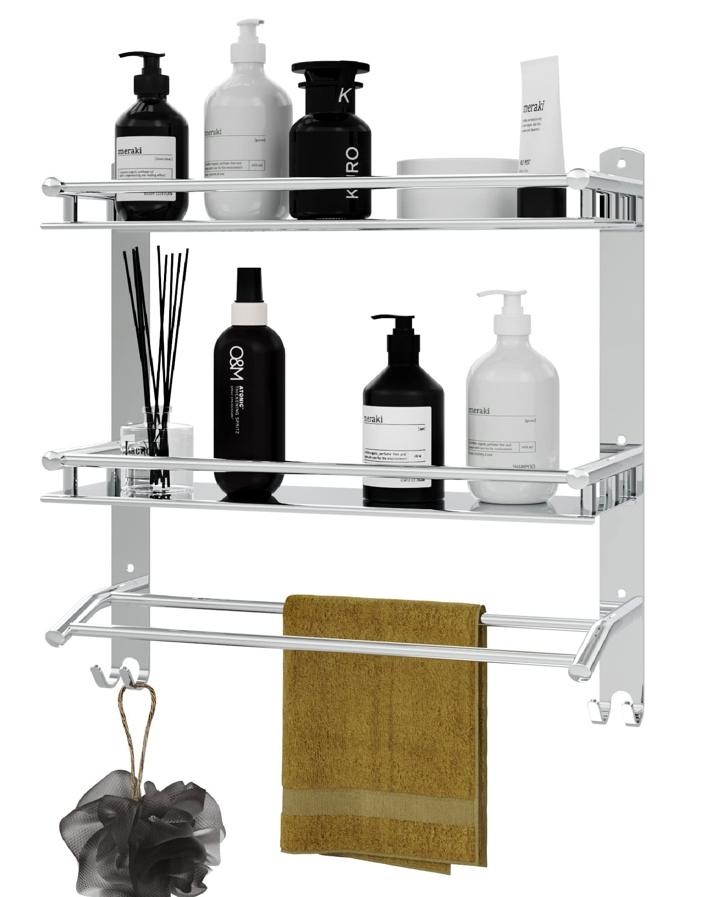 GLOTON Stainless Steel Double Layer with Towel Rod Multipurpose Bathroom Shower Shelf Bathroom Organizer Wall Mount Bath Kitchen Bathroom Accessories Rack Shelf (B09XBB89ZT) Amazon Price History, Amazon Price Tracker