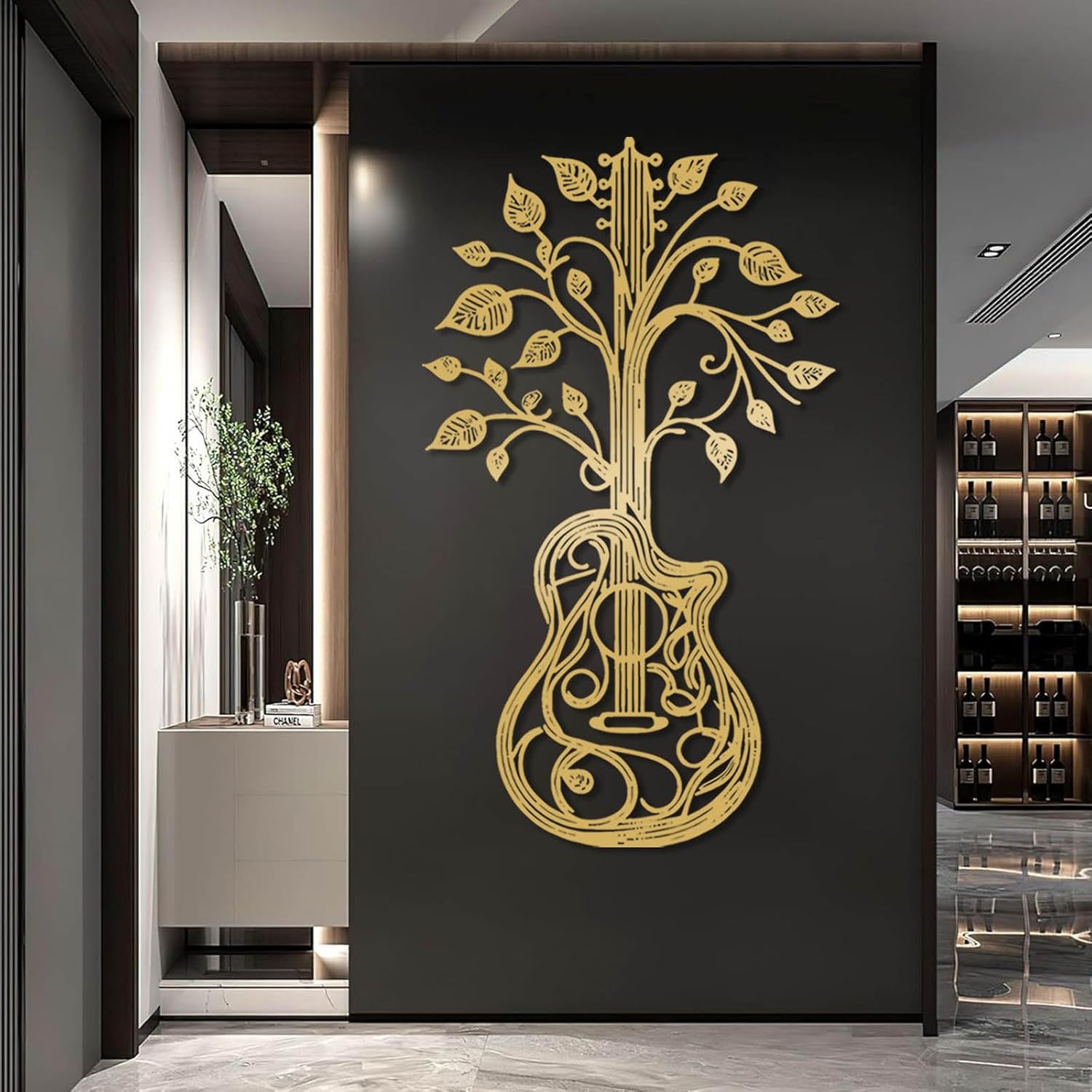 Guitar Metal Wall Decor, Tree of Life Guitar Minimalist Decor, Guitar Art Wall Decor, Abstract Guitar Metal Wall Art, Music Metal Wall Art, Music Room Decor, Music Lover Gift (Gold, 30"x18"|76x45cm)