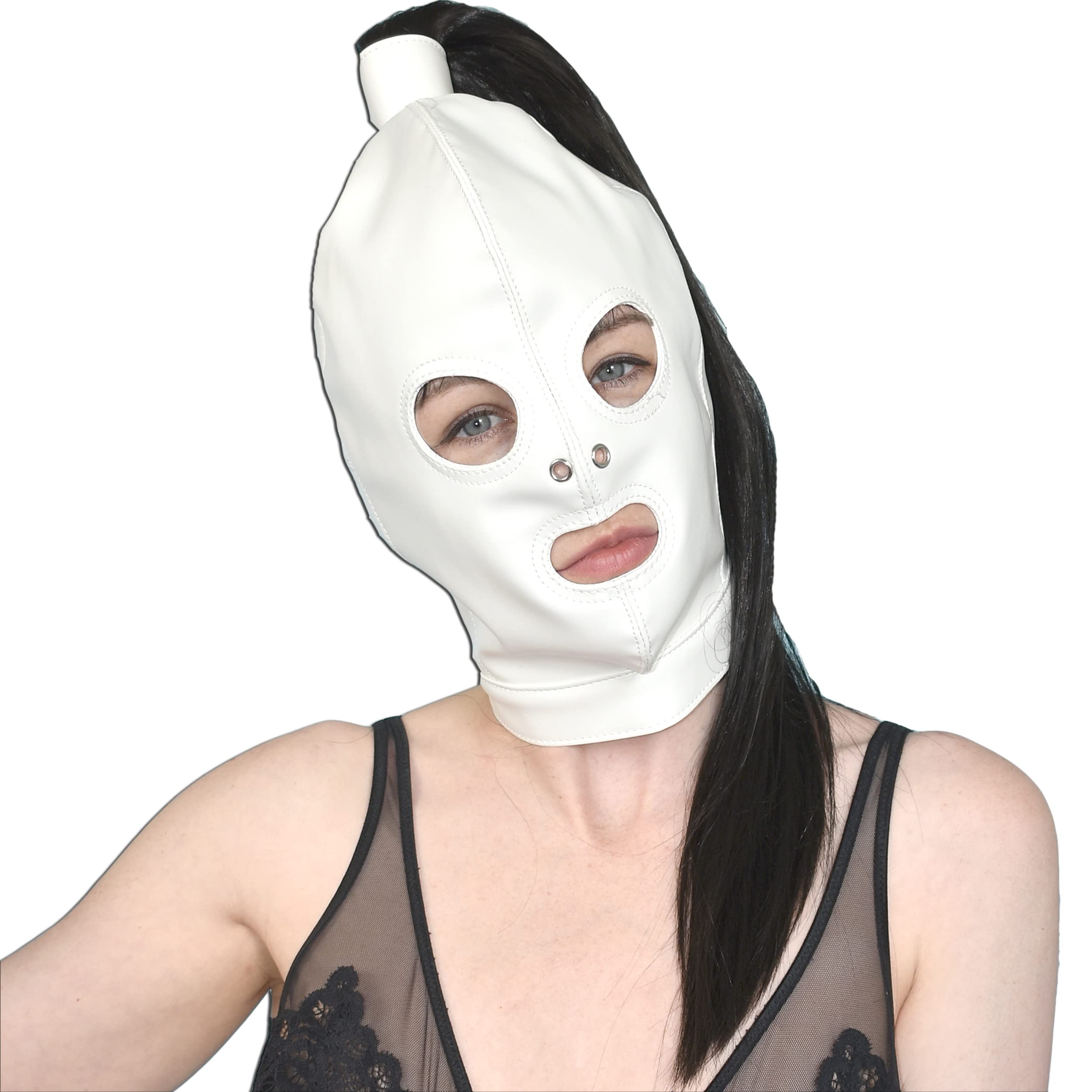 Masque en similicuir avec tresse et ouvertures pour les yeux et la bouche - Cagoule avec cheveux - Masque pour Halloween, carnaval