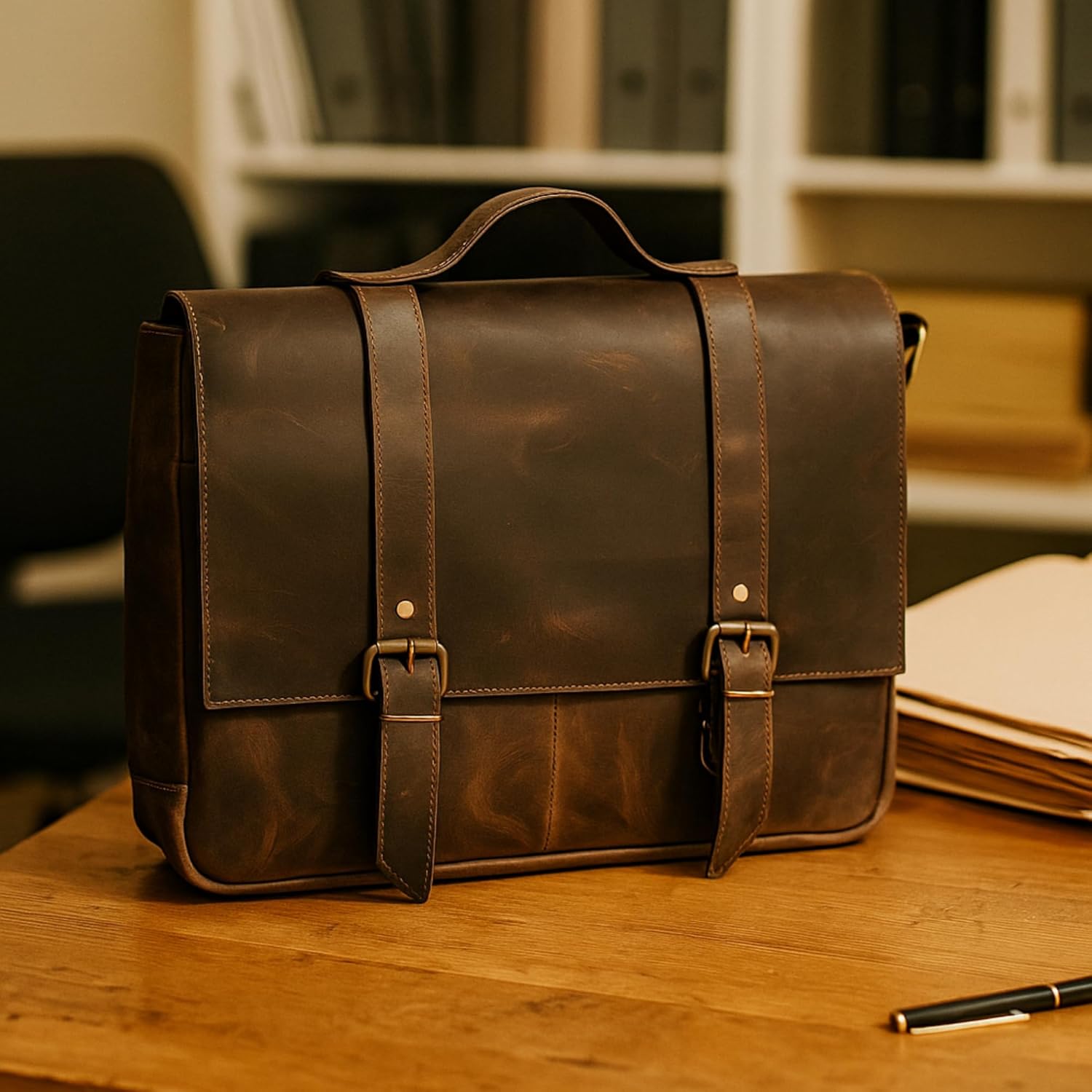 Vintage Leather Briefcase for Men – Full Grain Crazy Horse Leather Messenger Bag – 15" Laptop Compatible – Handmade Business Satchel (Dark Brown) - Image 8