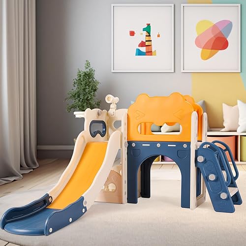 Miniatura 6 de MAMIZO Tobogán grande 8 en 1 para niños pequeños, tobogán en forma de L con pendiente larga, juego de escalador para bebés con escalones cerrados,