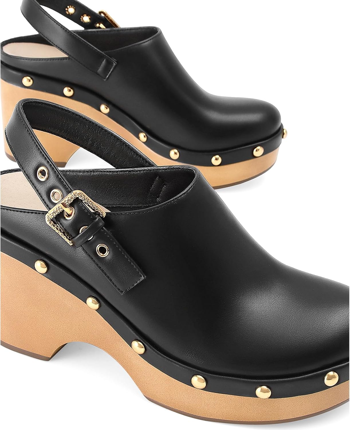 Women’s Leather Studded Clogs Closed Toe Slip on Vintage Platform Mules Wedge Heel Fall Buckle Slingback Shoes Daily Comfortable Casual Slides Shoes - Image 6