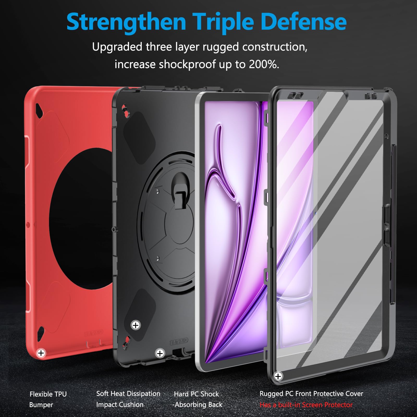 Miesherk Hülle für iPad Air 13 Zoll M4/M3/M2 2026/2025/2024: 3-Schichte robuste stoßfest Case iPad Pro 12.9 6./5. mit Displayschutzfolie-Stifthalter-Drehbarer Ständer-Handschlaufe-Schultergurt-Rot