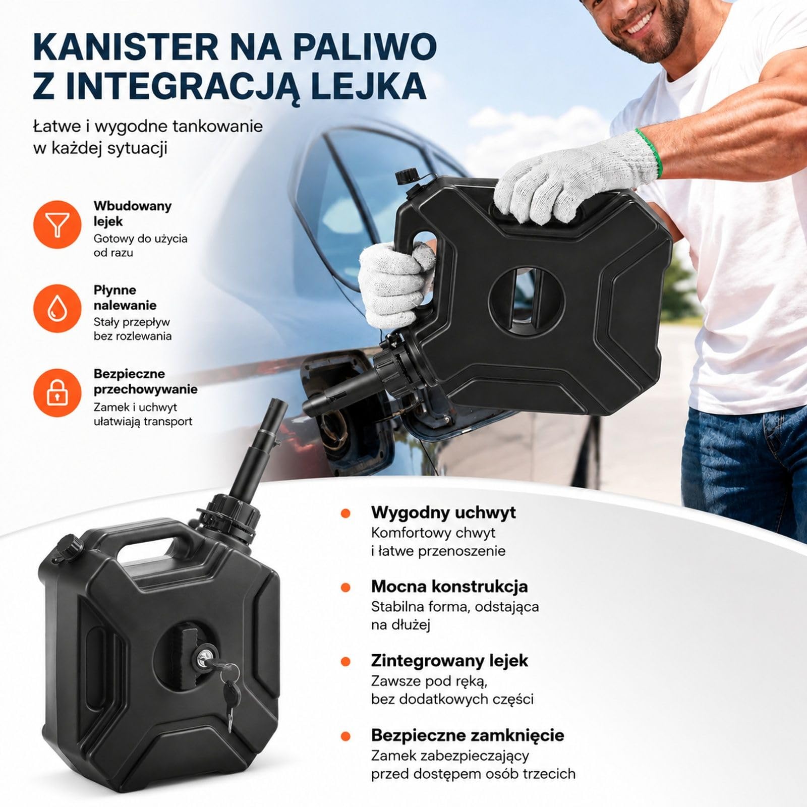 Kanister na paliwo 5 l z dzióbkiem i zamykanym uchwytem, przepływ 15 l/min, pojemnik HDPE i PP, czarny, do samochodów, motocykli, quadów i UTV