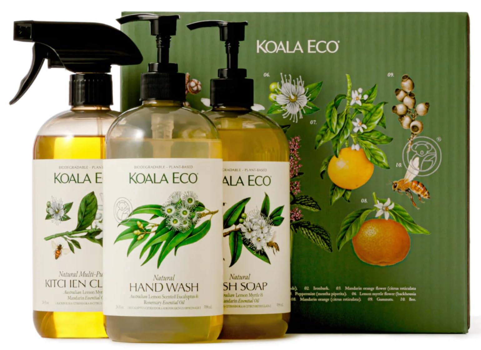 Koala EcoGift Set of 3 Includes: Kitchen Cleaner, Dish Soap, Hand Wash, Beautifully Packaged - Australian Lemon Eucalyptus, Lemon Myrtle & Rosemary Essential Oil, 16 oz (3 Pack)