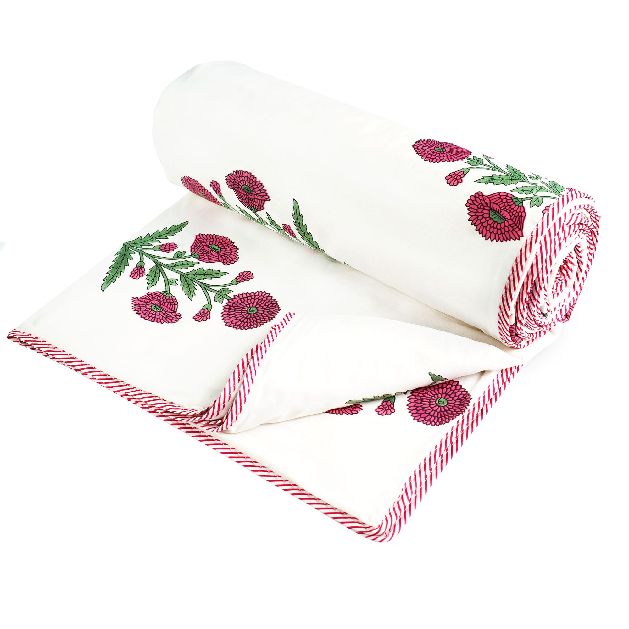 Indigo & Poppy Home Linen Cotton Reversible Dohar Single Bed Size | Jaipuri Printed Artisan Block Design Blanket | Soft Lightweight Ac Comforter Quilt (56"X88",Sada Bahar) Pack of 1, 240 TC