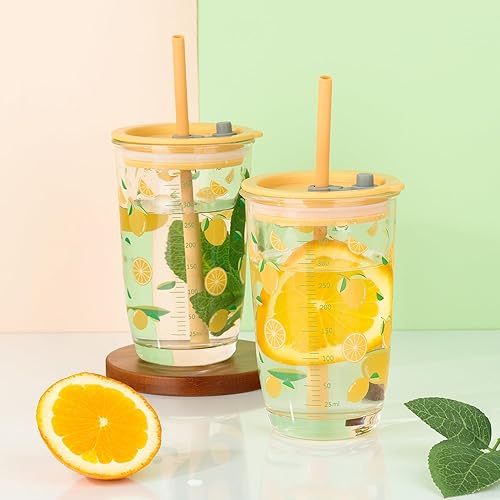 Miniatura 4 de Joeyan Vaso amarillo de 14.5 onzas con tapa y pajita, tazas de vidrio para café helado con patrón de limón, tarros transparentes para beber té de