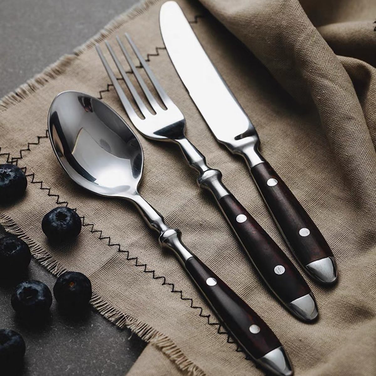 20 PCS Wood Silverware Set for 4, Imitation Wood Rivet Handle Cutlery Set 18/8 Stainless Steel Utensi Sets Flatware Mirror Polished Steak Tableware Spoon Fork Knife set Home Hotel Restaurant