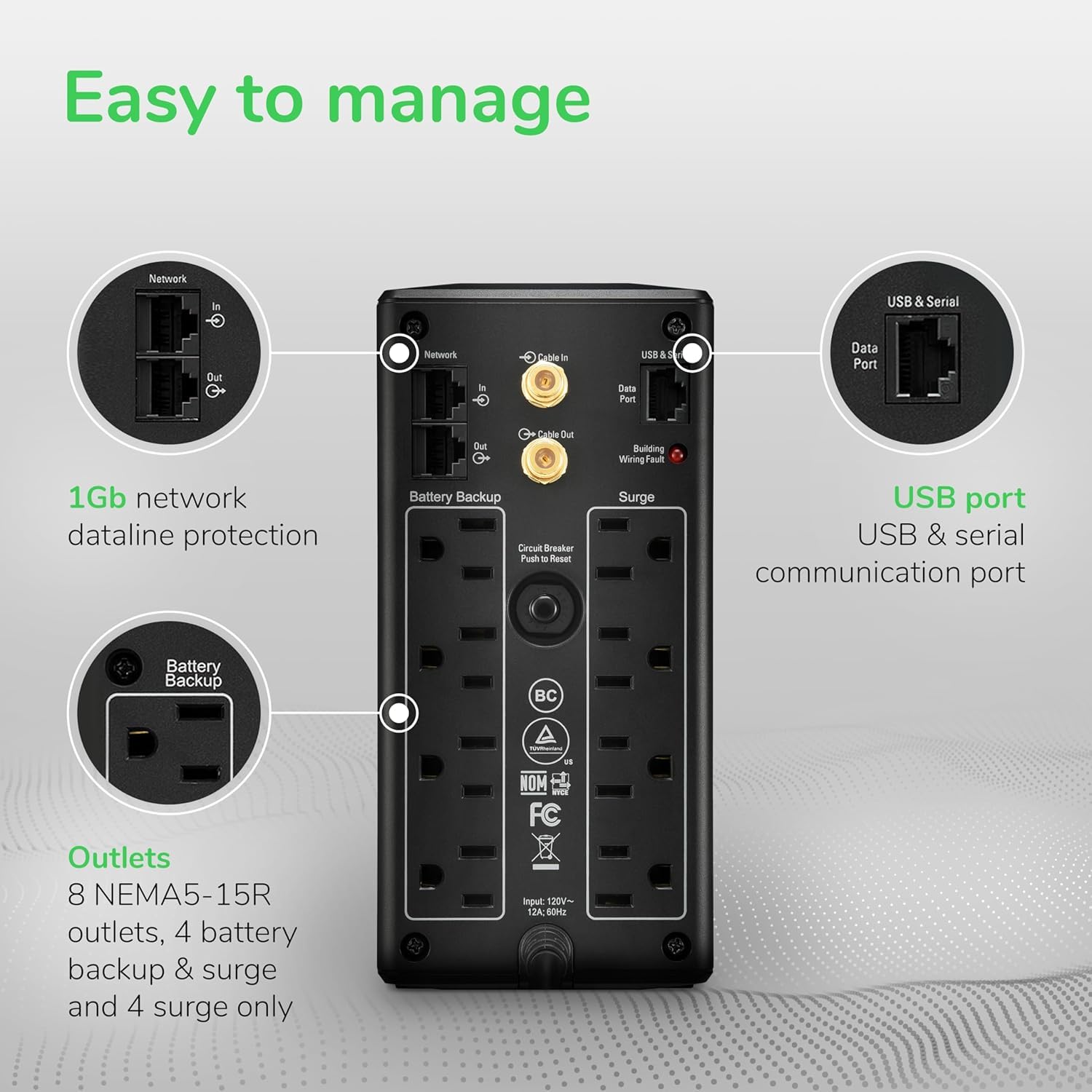 APC BX1000M Sistema de alimentación ininterrumpida (UPS) 1000 VA 8 Salidas AC Línea interactiva - Fuente de alimentación Continua (UPS) (1000 VA, 600 W, 88 V, 139 V, 120 V, 60 Hz)