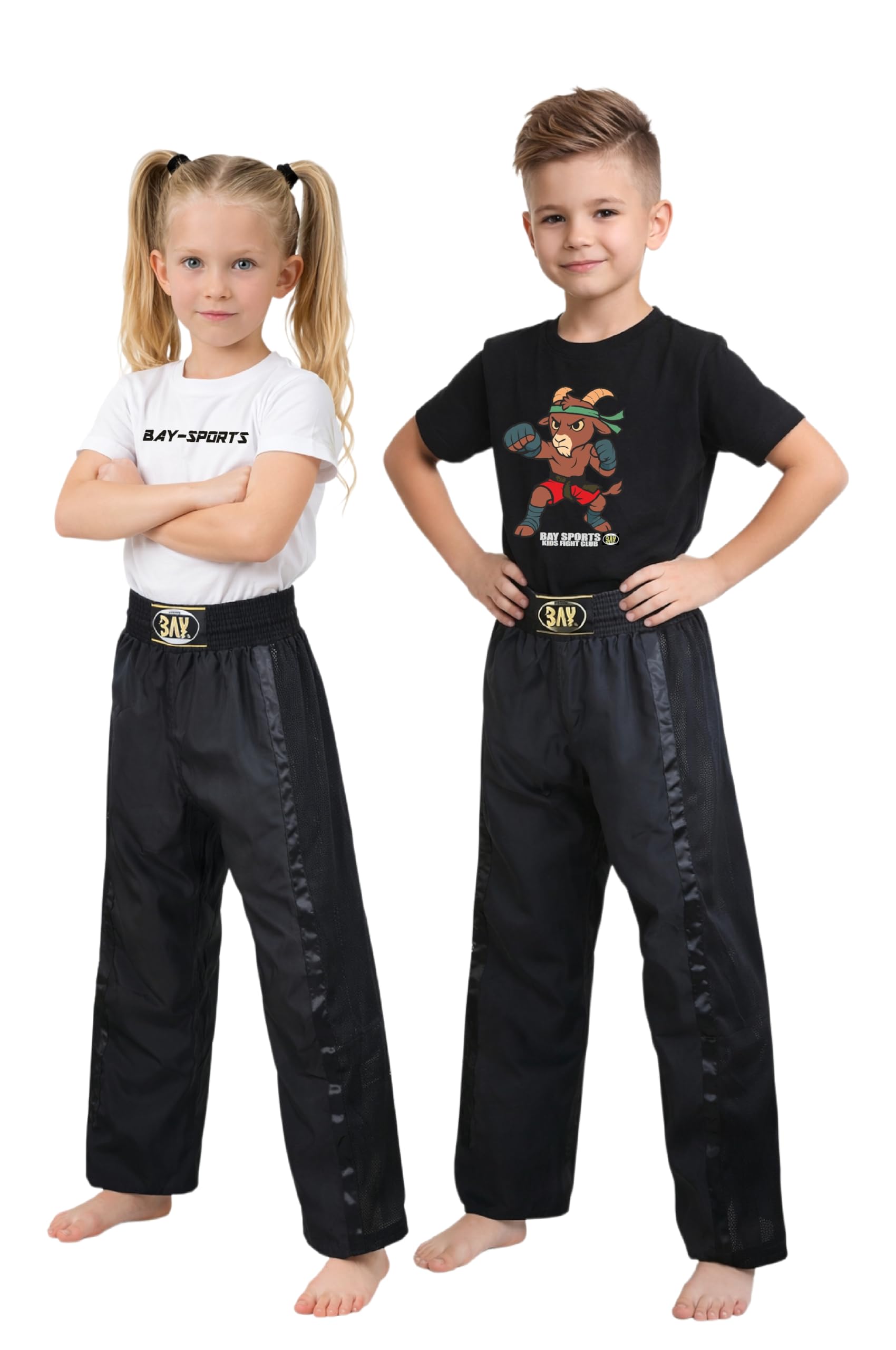 Bay Netz Mesh Kickboxhose Kampfsporthose Schwarz lang Mesh-Netzeinsatz Kontraststreifen in Schwarz seitlich Polyester Erwachsene Damen Herren Kinder Jungen Mädchen Größe L (180)