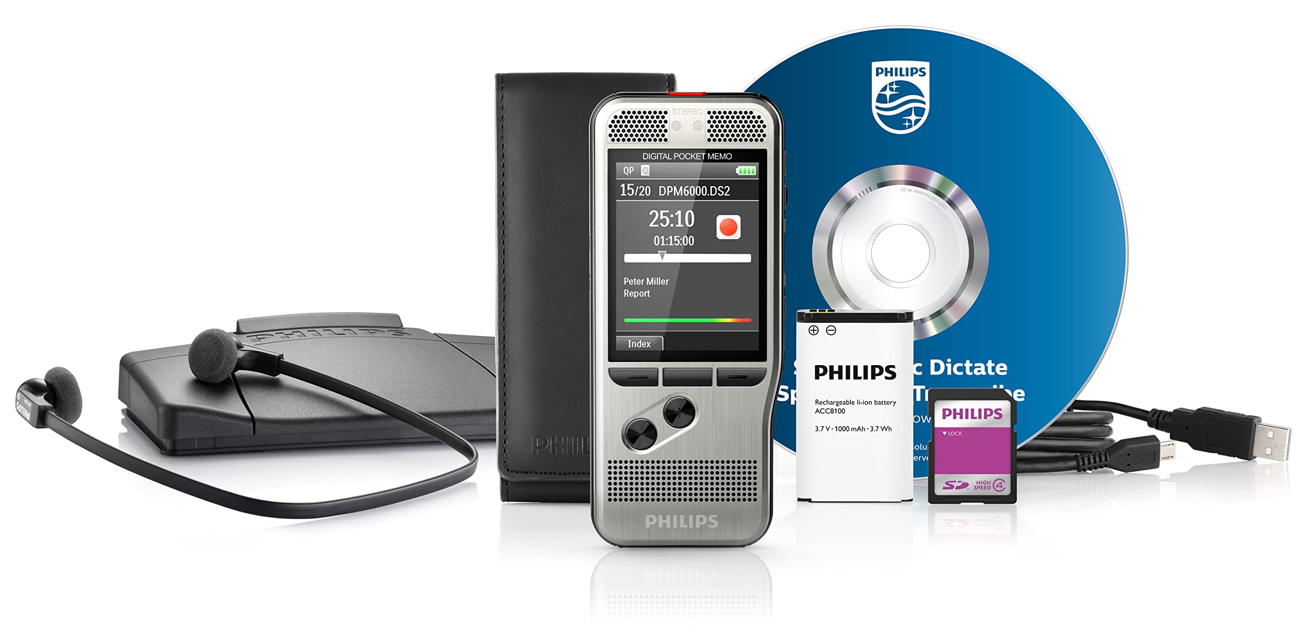 Philips PocketMemo Set für Autor und Assistenz DPM6700/03: Diktiergerät DPM6000, Fußschalter ACC2330, Stereo-Unterkinn-Kopfhörer LFH0334 und Diktier- & Wiedergabe SW SpeechExec Basic (2-Jahres ABO)