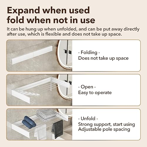Miniatura 8 de LIENAHU Estante de secado montado en la pared, 40 pulgadas de ancho y 80 libras de capacidad, estantes de secado plegables para lavandería,