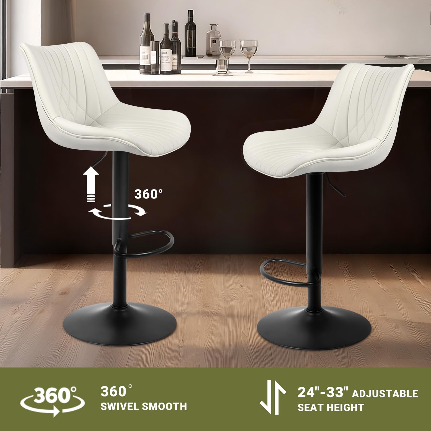 Bar Stools Set of 2, Adjustable Counter Height Bar Stools with Open Back and Footrest, Premium Faux PU Leather, Modern Upholstered Swivel Barstool for Kitchen Island, Bar,Dining Room, White