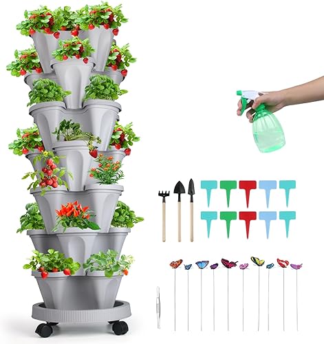 Maceta vertical, maceta apilable de fresa de 7 niveles con juego de herramientas de jardín, maceta movible para interiores y exteriores, torre de