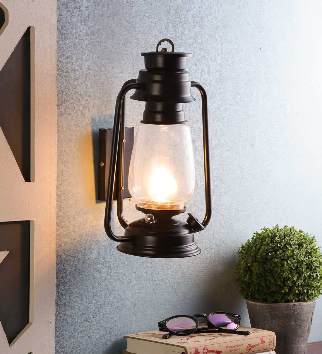 Black Metal Lantern Wall Light Sconce Lamp with Glass Shade for Dining, Bedroom,Living Room,Restaurants,Coffee Shop, Balcony, Home & Office Decor (Bulb Not Included)