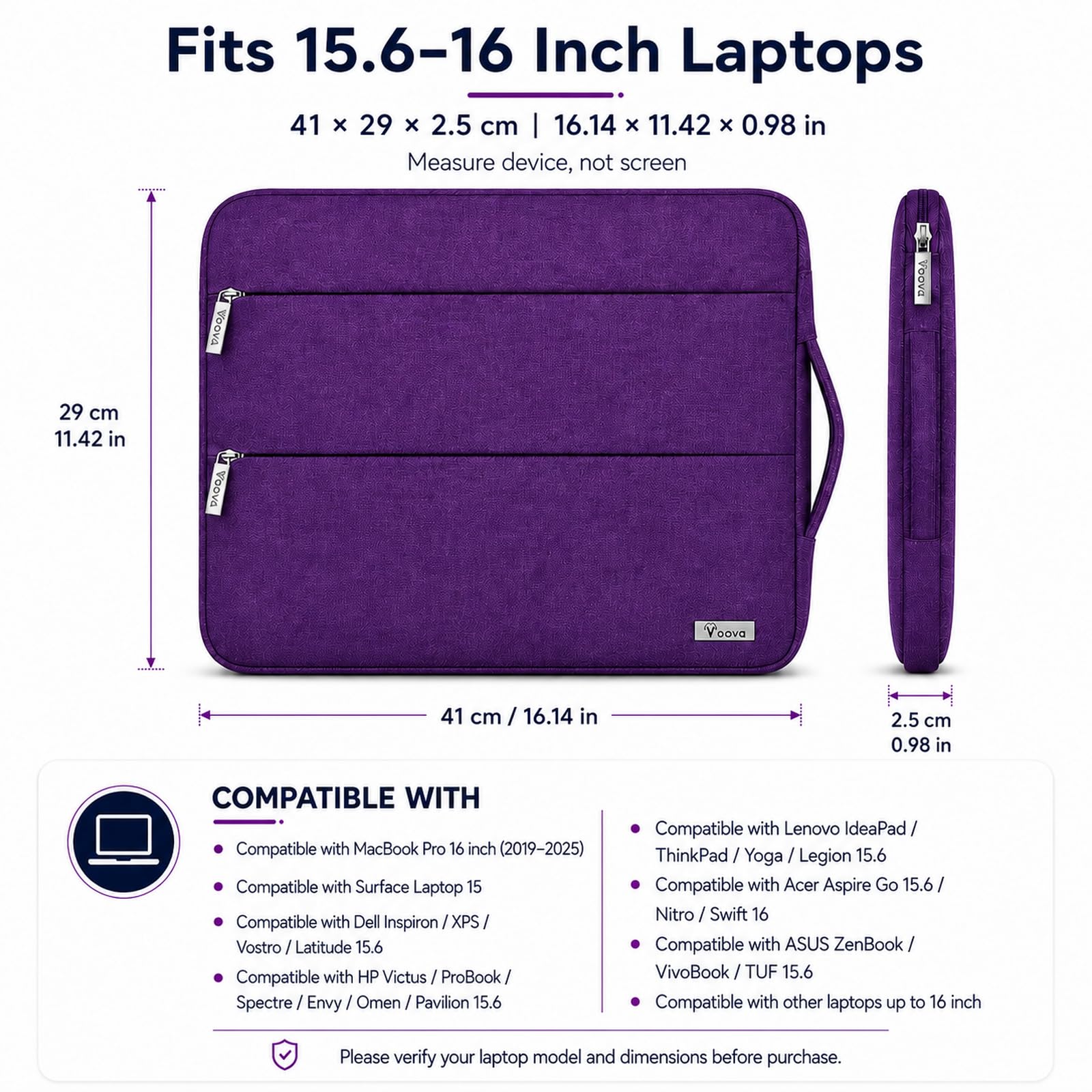 V Voova Housse de transport fine et imperméable avec poignée pour ordinateur portable de 15,6 à 16" – Compatible avec MacBook Pro 16 M1/M2/M3/M4 de 15,6 à 16" – HP, Dell, Lenovo, Acer, Asus – Violet