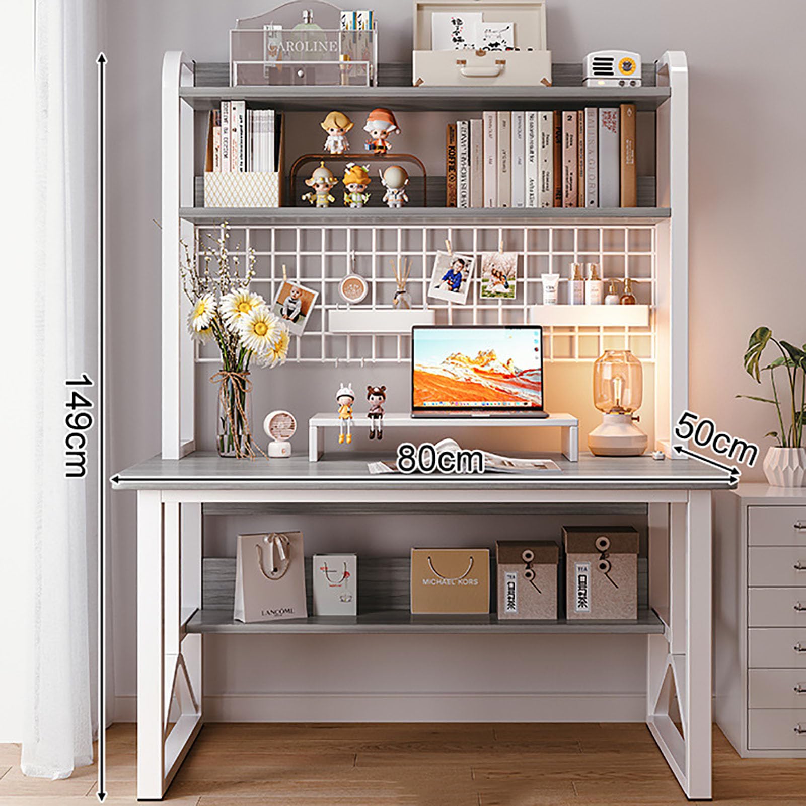 Generico Scrivania Moderna per Computer con ripiano Superiore, Elegante postazione di Lavoro con scrivania e ripiano espositivo, Tavolo per PC da Ufficio Domestico con Ripiani portaoggetti per Studio