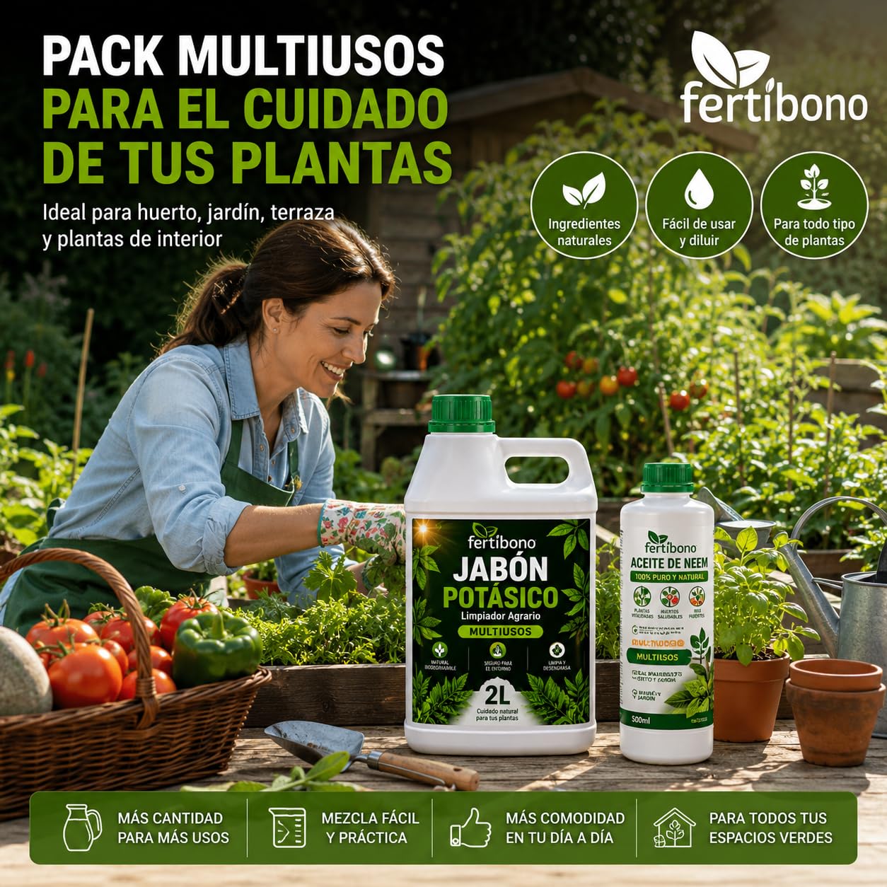 FERTIBONO FLORANIM Multiuso - Jabón Potásico 2L + Aceite de Neem 500 ml para Plantas, Huerto y Jardín - Pack Concentrado para Diluir en Agua y Pulverizar