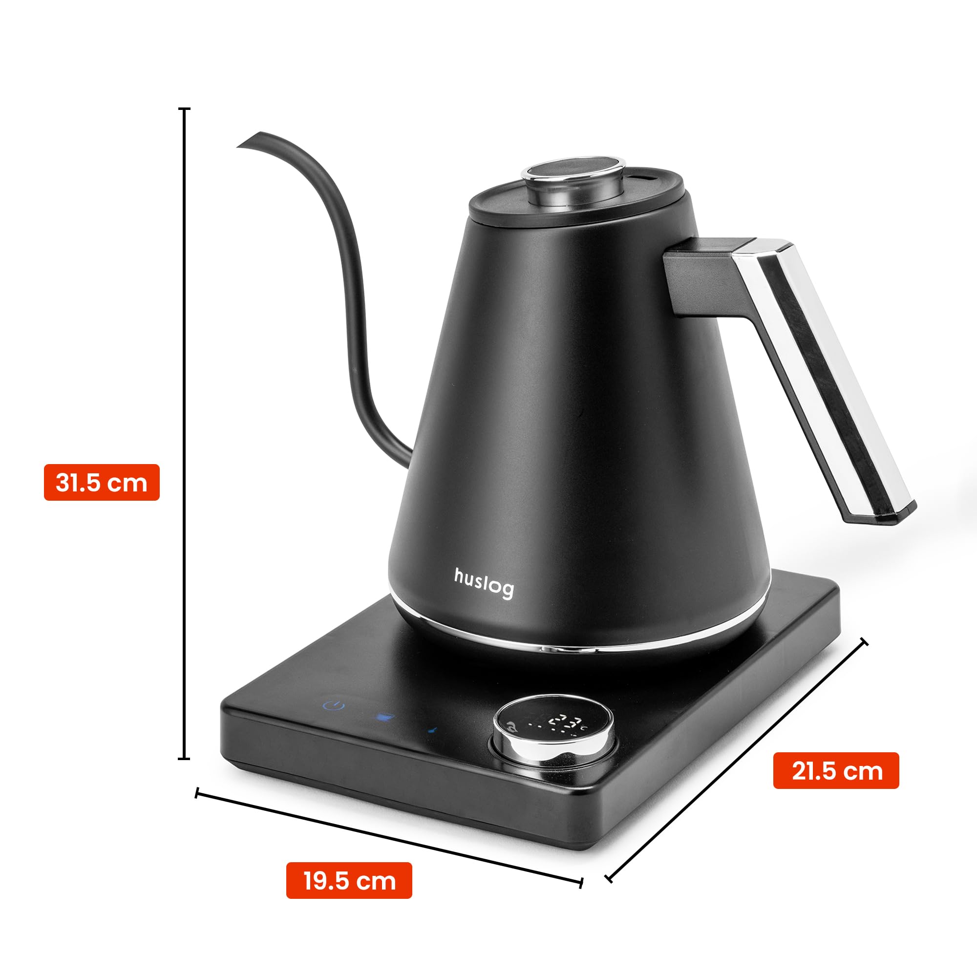 Bollitore elettrico 1L con regolazione della temperatura 40-100°C, collo di cigno, display LED, funzione di mantenimento al caldo, 1100 W, acciaio inossidabile 304, nero argento, base con