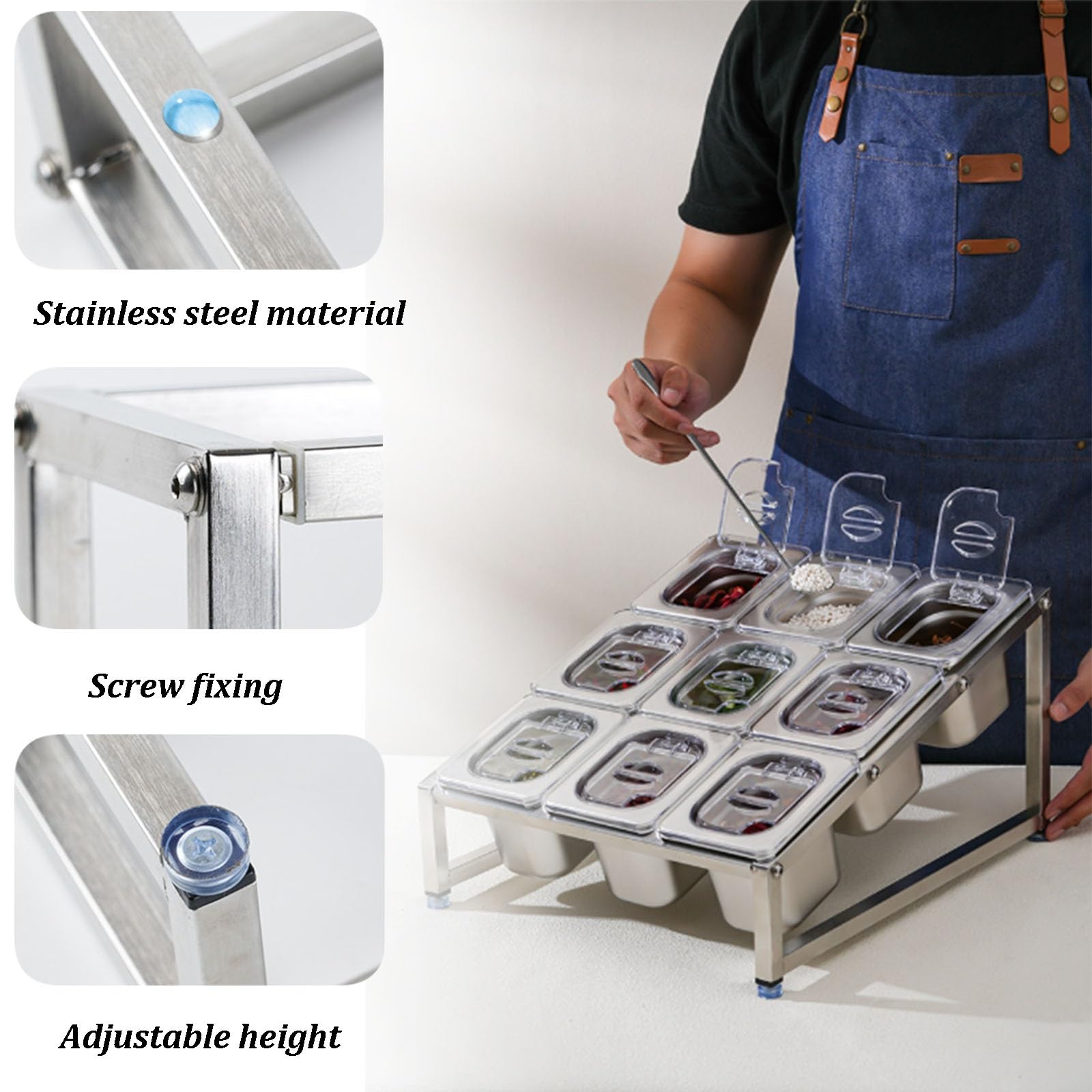 Stazione per pizza a 3 livelli in acciaio inox con cucchiaio, altezza regolabile e vassoio antiscivolo per condimenti, frutta, verdura e salsa