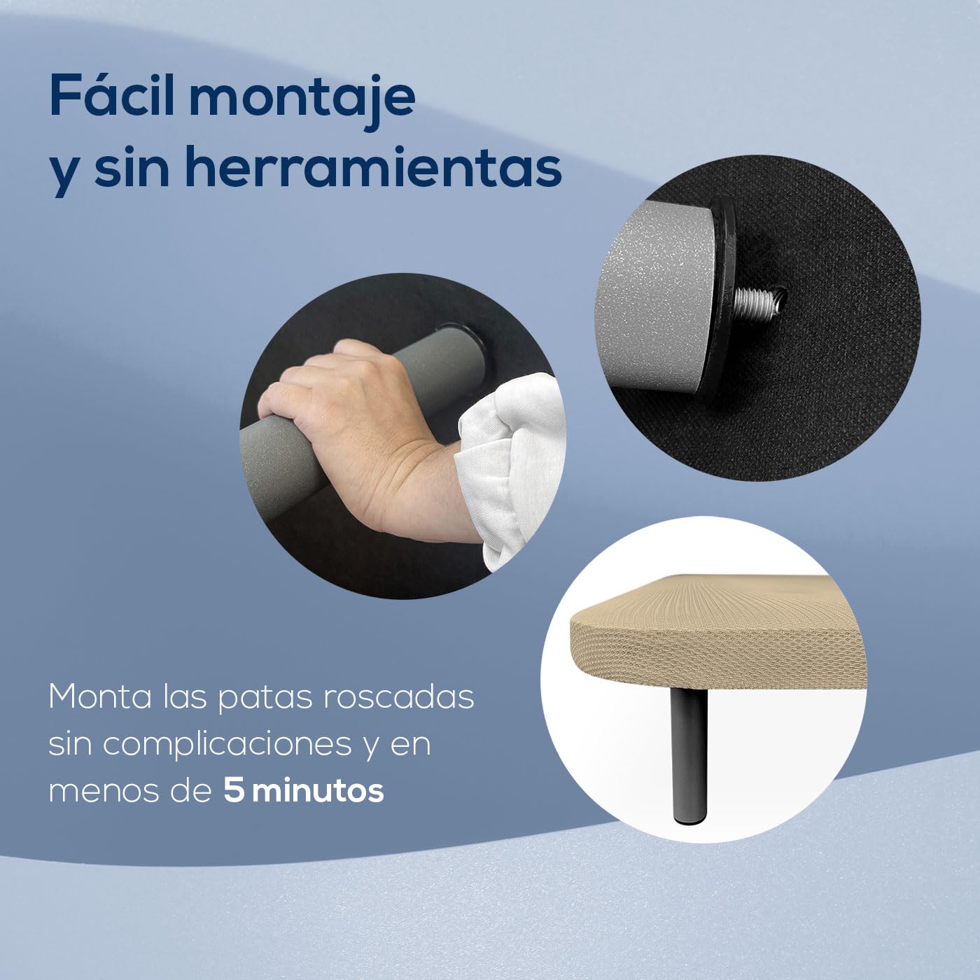 Duérmete Online - Base Tapizada Reforzada para Cama, Estabilidad y Resistencia con 5 Barras Transversales y 6 Patas metálicas roscadas de 25cm, 90 x 190, Beige
