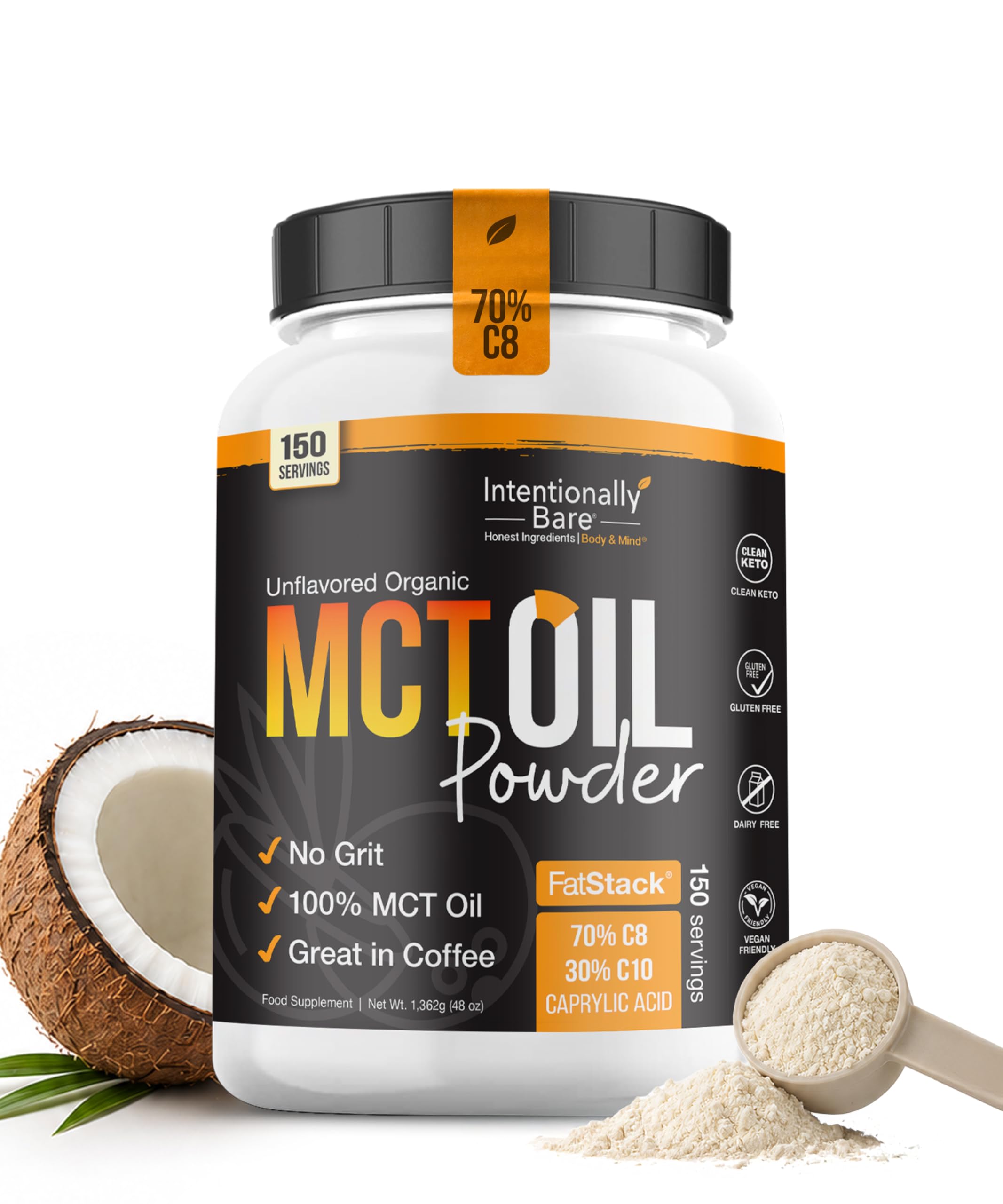 Intentionally Bare MCT Oil Powder - Unflavored – Zero net Carbs 48oz Unflavored 150 servings
