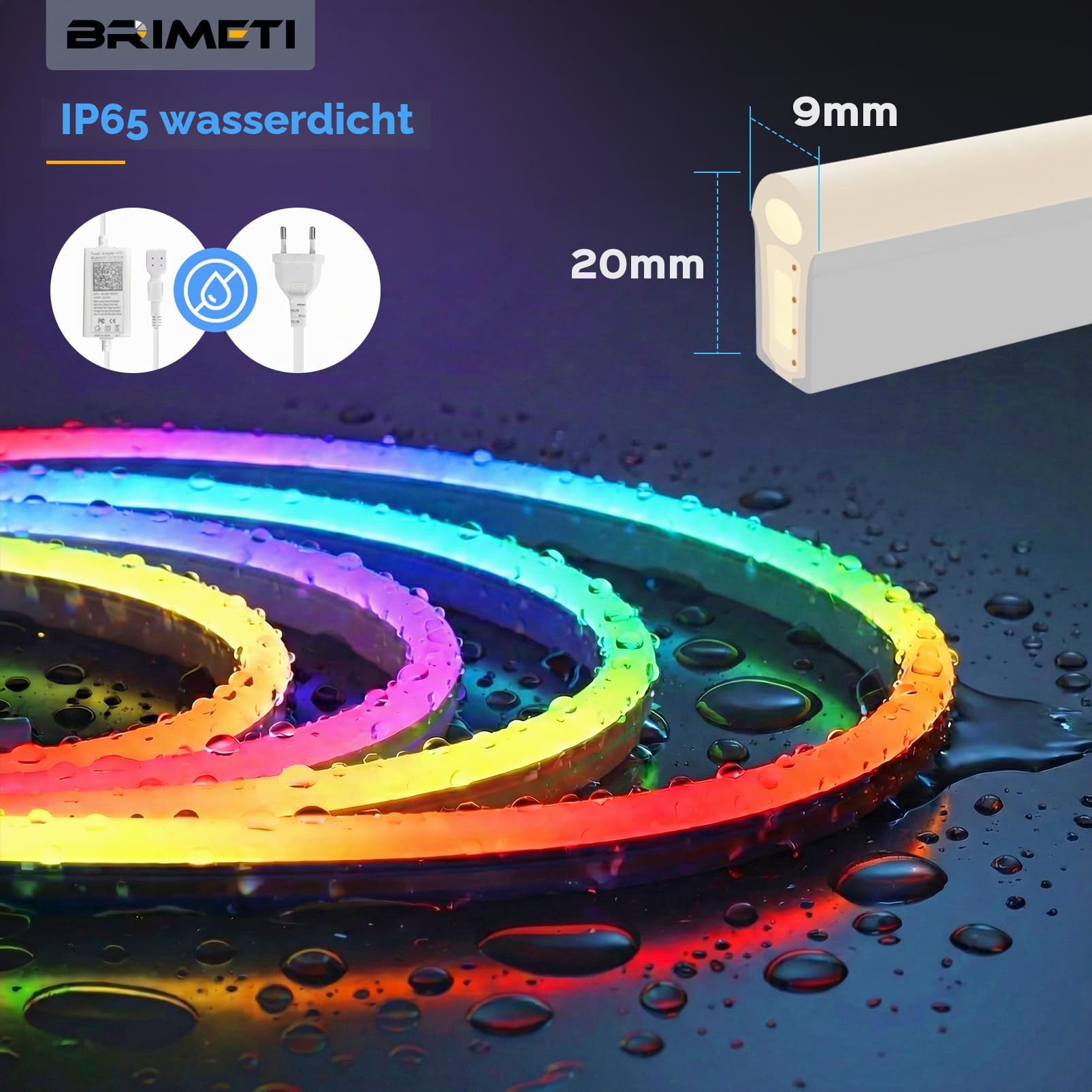 Neon LED Strip 5M RGBIC LED Streifen 230V IP65 Wasserdicht APP und Fernbedienung Musik Sync Gaming Outdoor Flexibel Neon Strip für DIY Zuhause Wohnzimmer Schlafzimmer Party (Mit Netzteil)