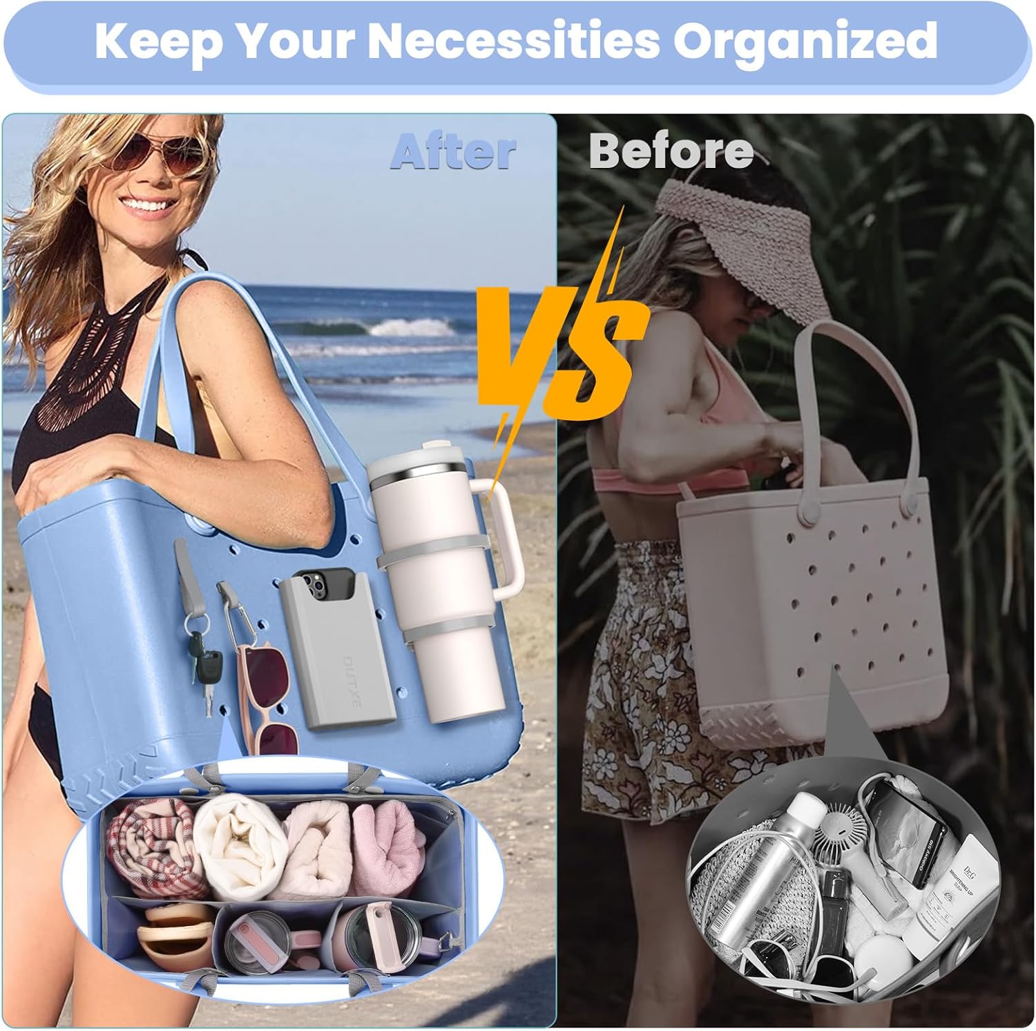 OUTXE Organizer Inserts for X Large Original Bogg Bag, 2 Pack Cup Holder for All Bogg Bags, Phone Holder Accessories and Hooks Insert Compatible with Simple Modern Beach Tote Bag,Grey