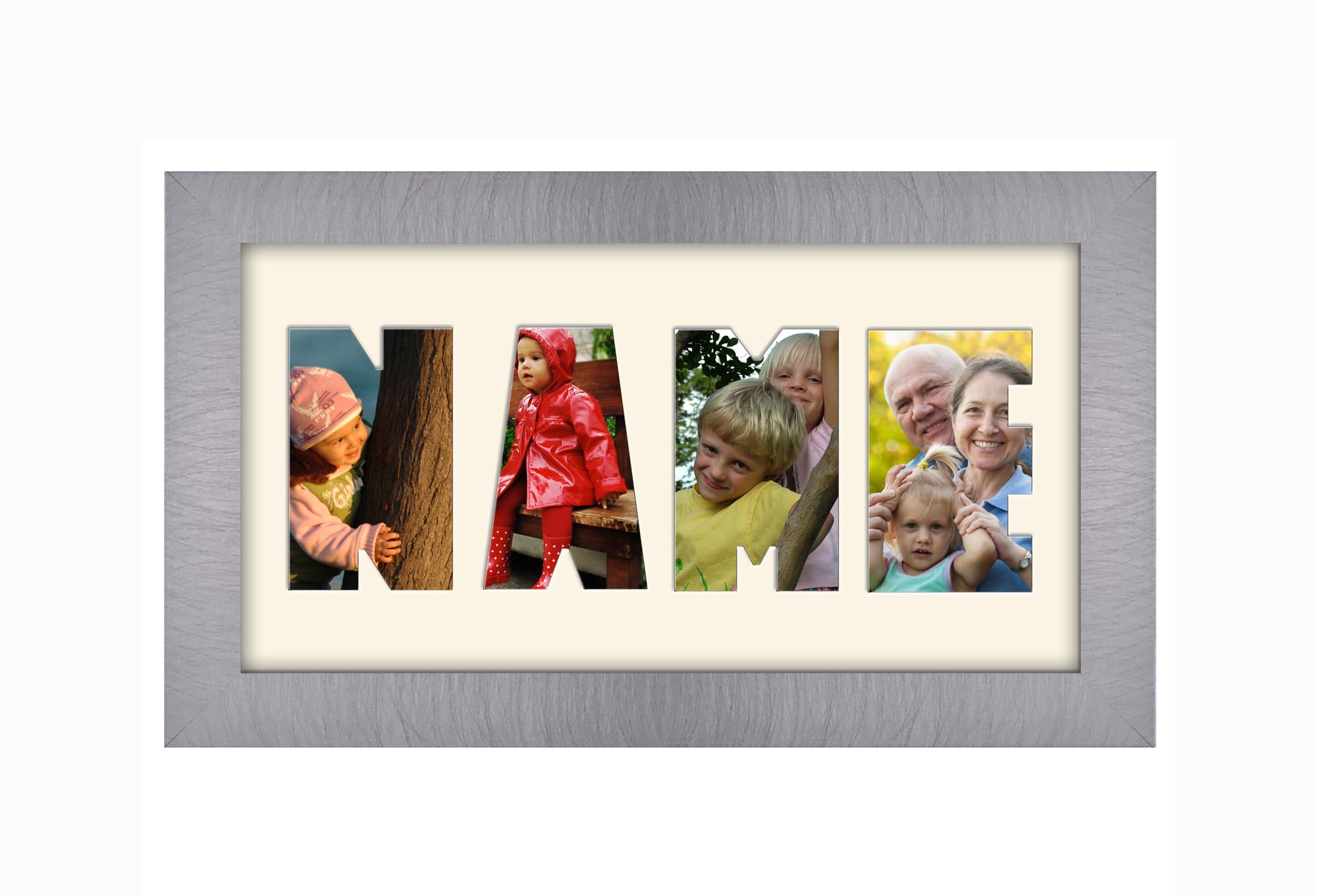 Personalised Photo Frame any Name Word 3 to 9 letters Single Mounted Unique Birthday Picture Gift Present (Brushed silver Cream Mount, 4 Letter)
