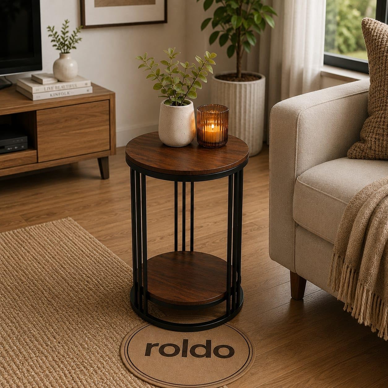 Roldo Modern 2-Tier End Table Plant Stand with Storage Shelf, Round Side Table for Living Room Bedroom Balcony or Indoor Home Decor (Black Walnut)-image-22