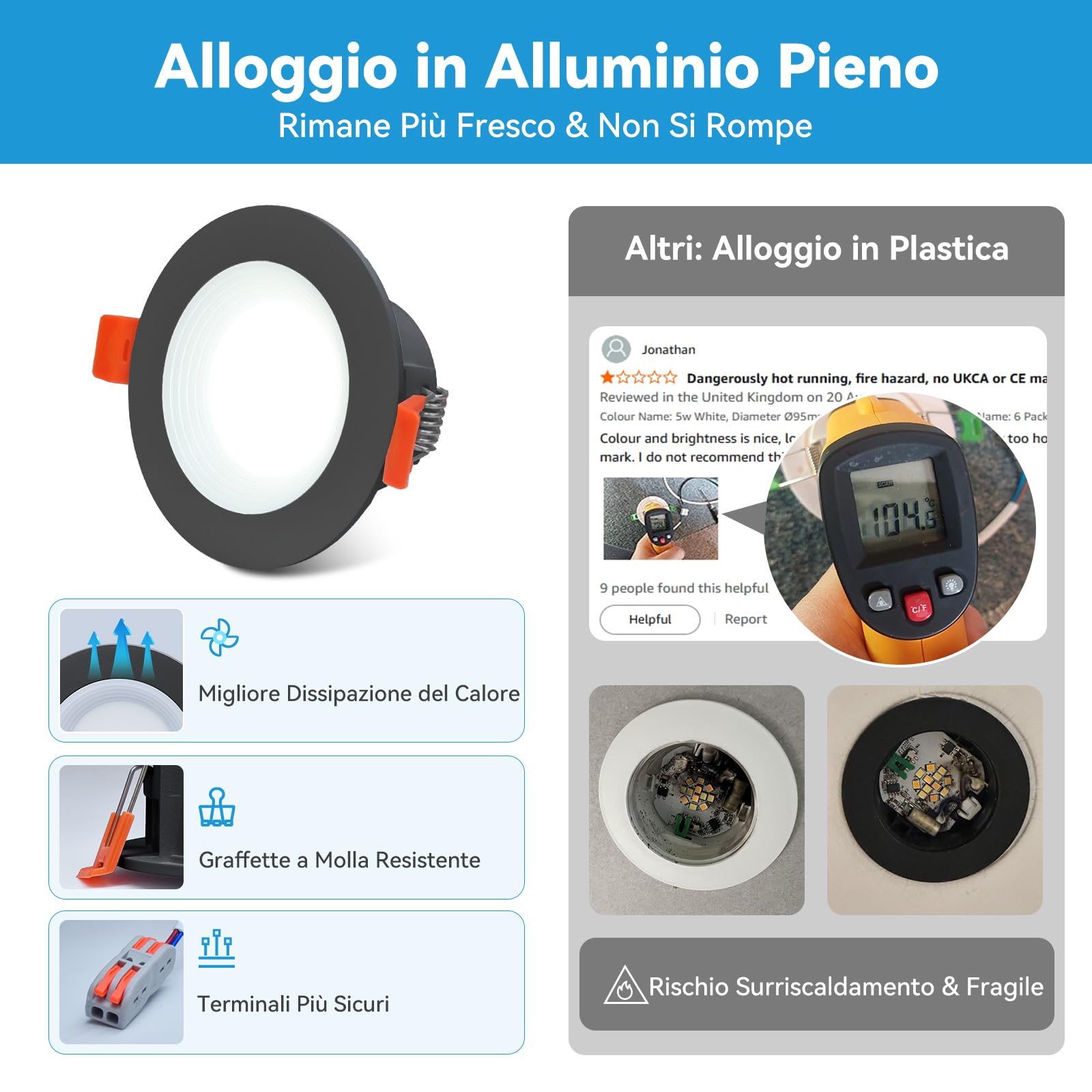 KEELED Faretti LED da Incasso per Cartongesso con Luce Notturna, 6W, 3 Colori Selezionabili 3000K/4000K/6000K, 230V, Foro 70-85mm, Nero, Confezione da 6