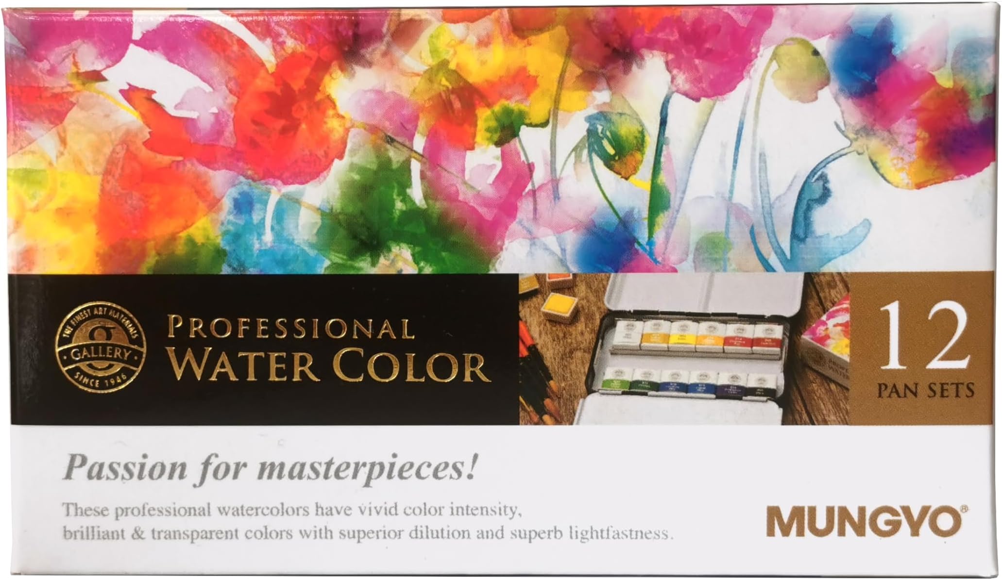 Mungyo Professional Watercolor Pan Set of 12 shades - half size