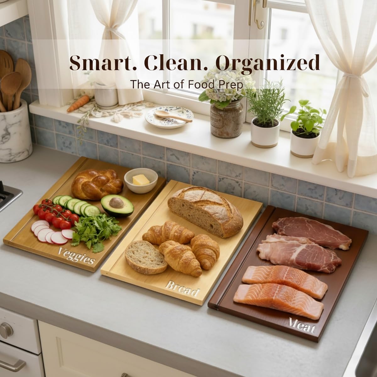 Schneidebrett Holz Set mit Ständer - 3er Holzschneidebrett Set in Buchoptik - Dekoratives Küchenbrett Holz für Brot & Charcuterie - Book Cutting Board Set - Schneidebrett Bücher
