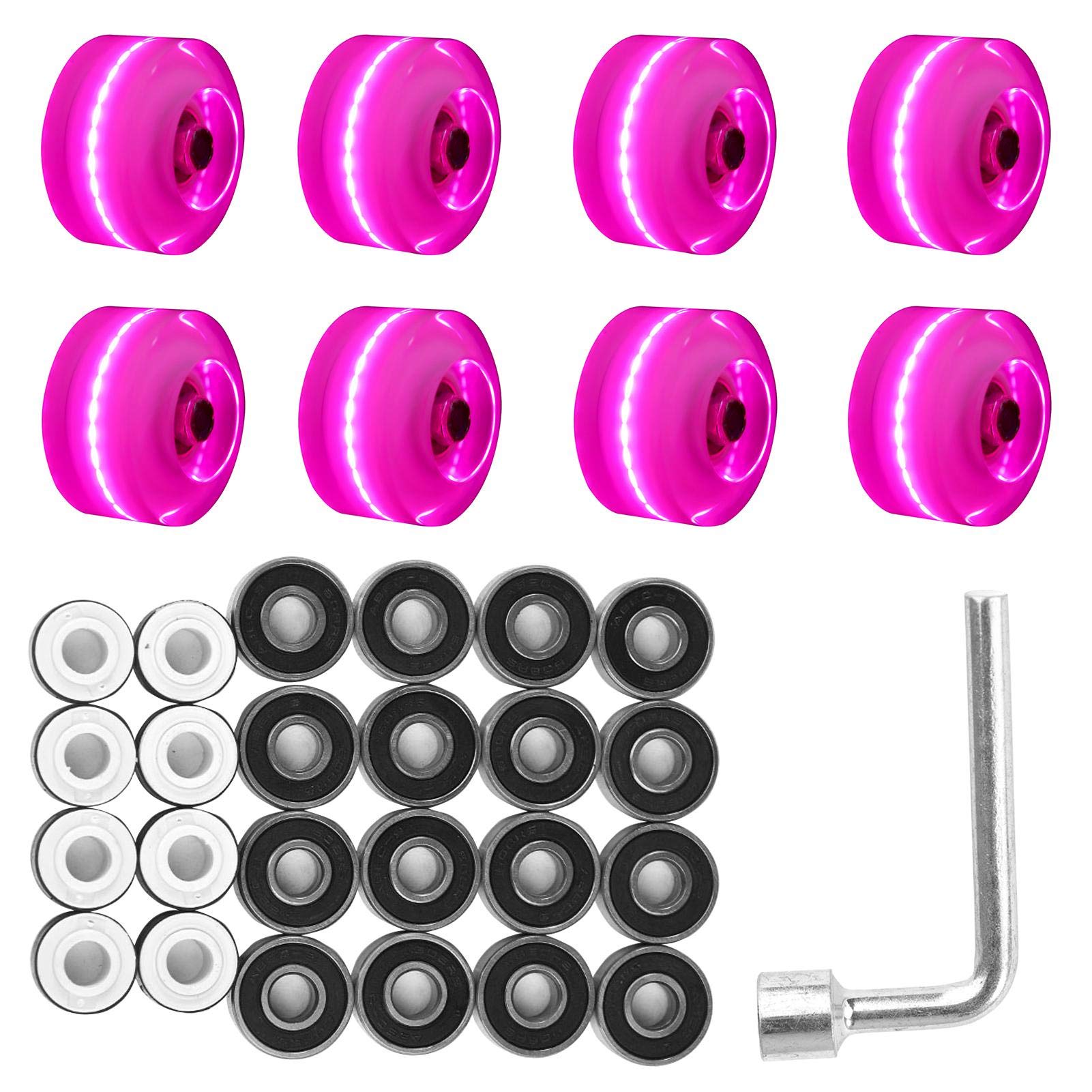 Amusingtao Roller Light Up Wheels,8 Pack Double Row Skateboard Skate Wheel LED Light Up Luminous Skate Wheels with Magnetic Core and Wrench Skate Roller Bearings(pink)