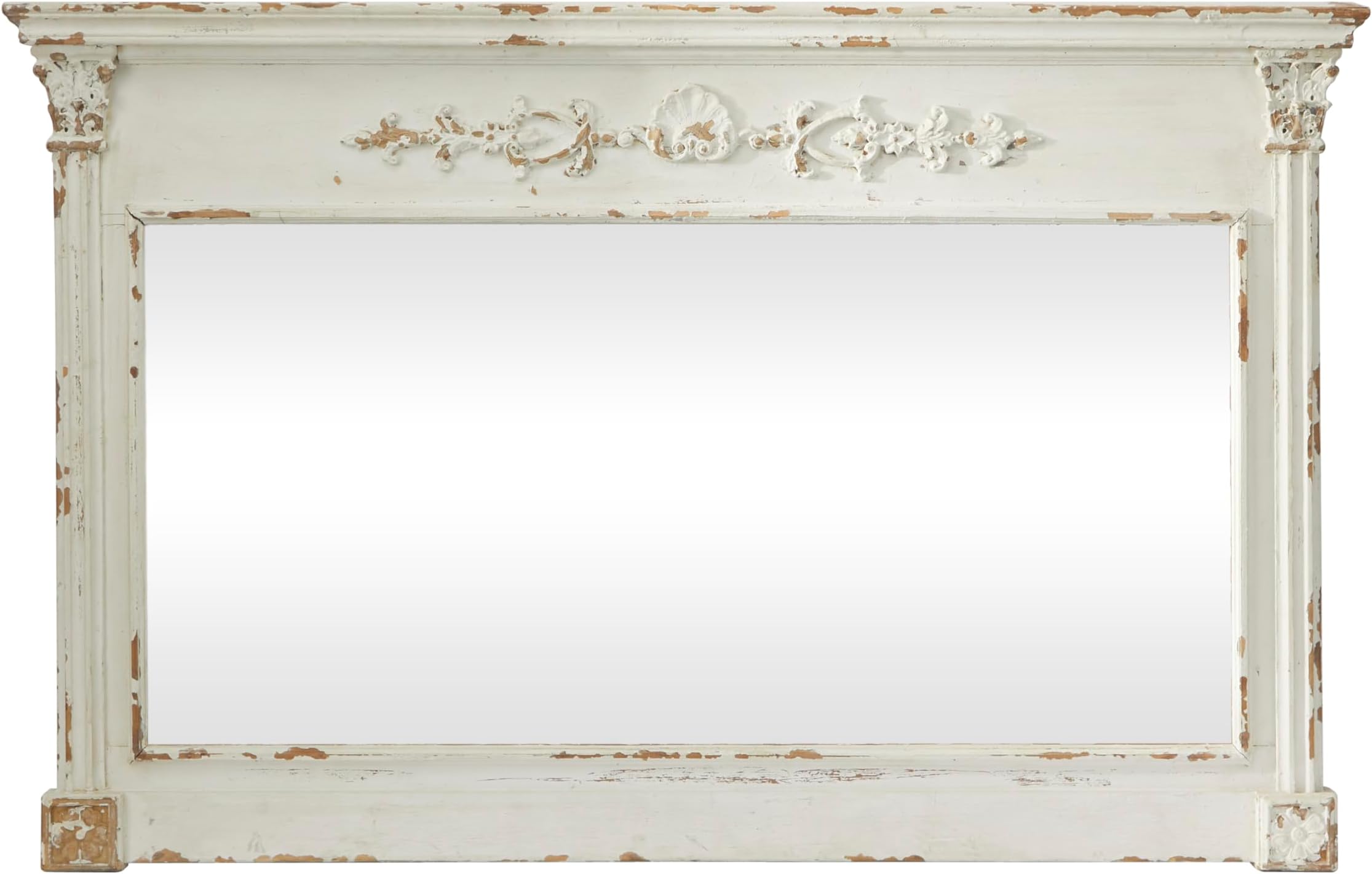Deco 79 Wood Floral Room Wall Mirror Carved Entryway Mirror with Distressing, Wall Mounted Mirror 59" x 4" x 36", Cream