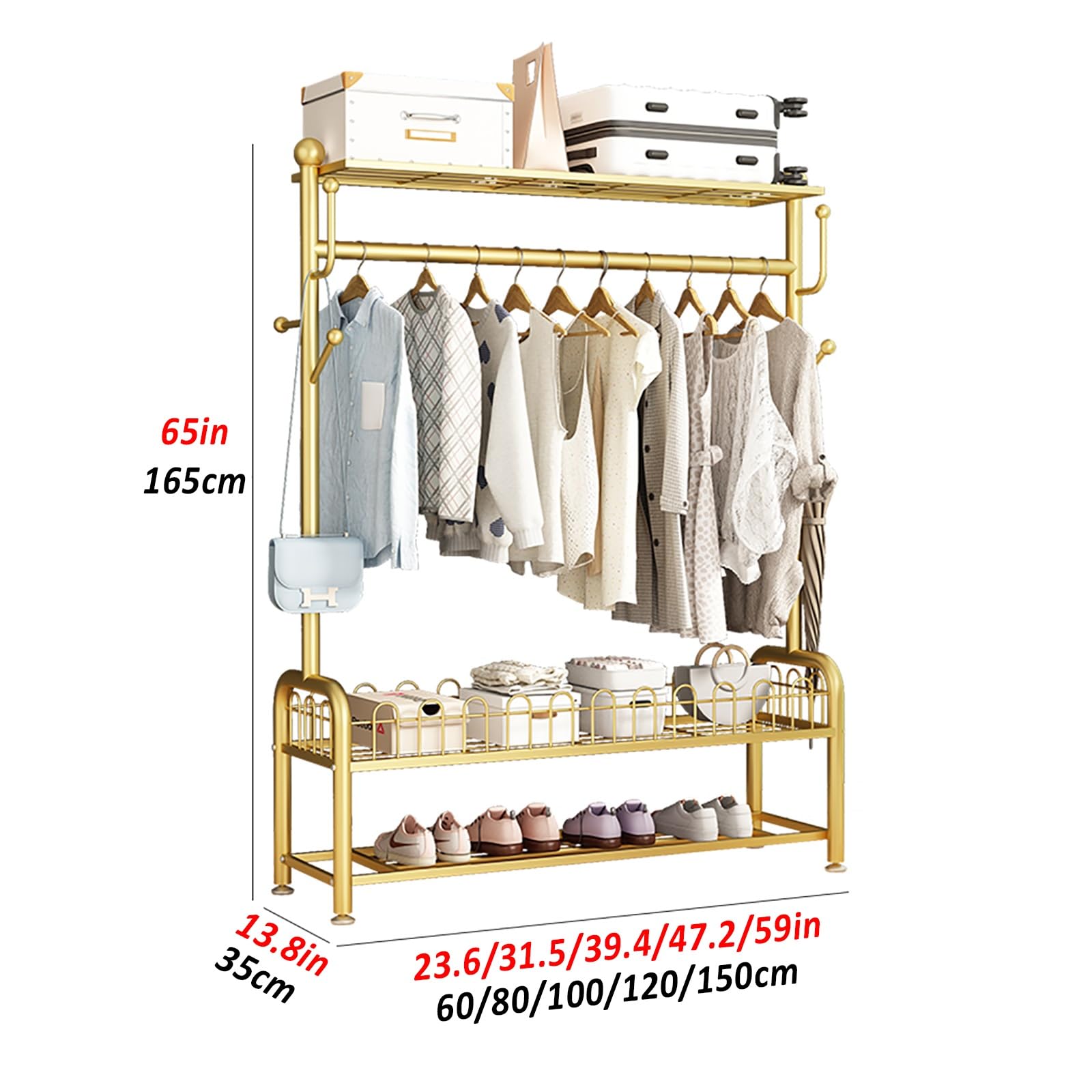 Elegante appendiabiti dorato con scarpiera, 100 cm, autoportante, per ingresso e soggiorno, multifunzionale Perchero Colgador.
