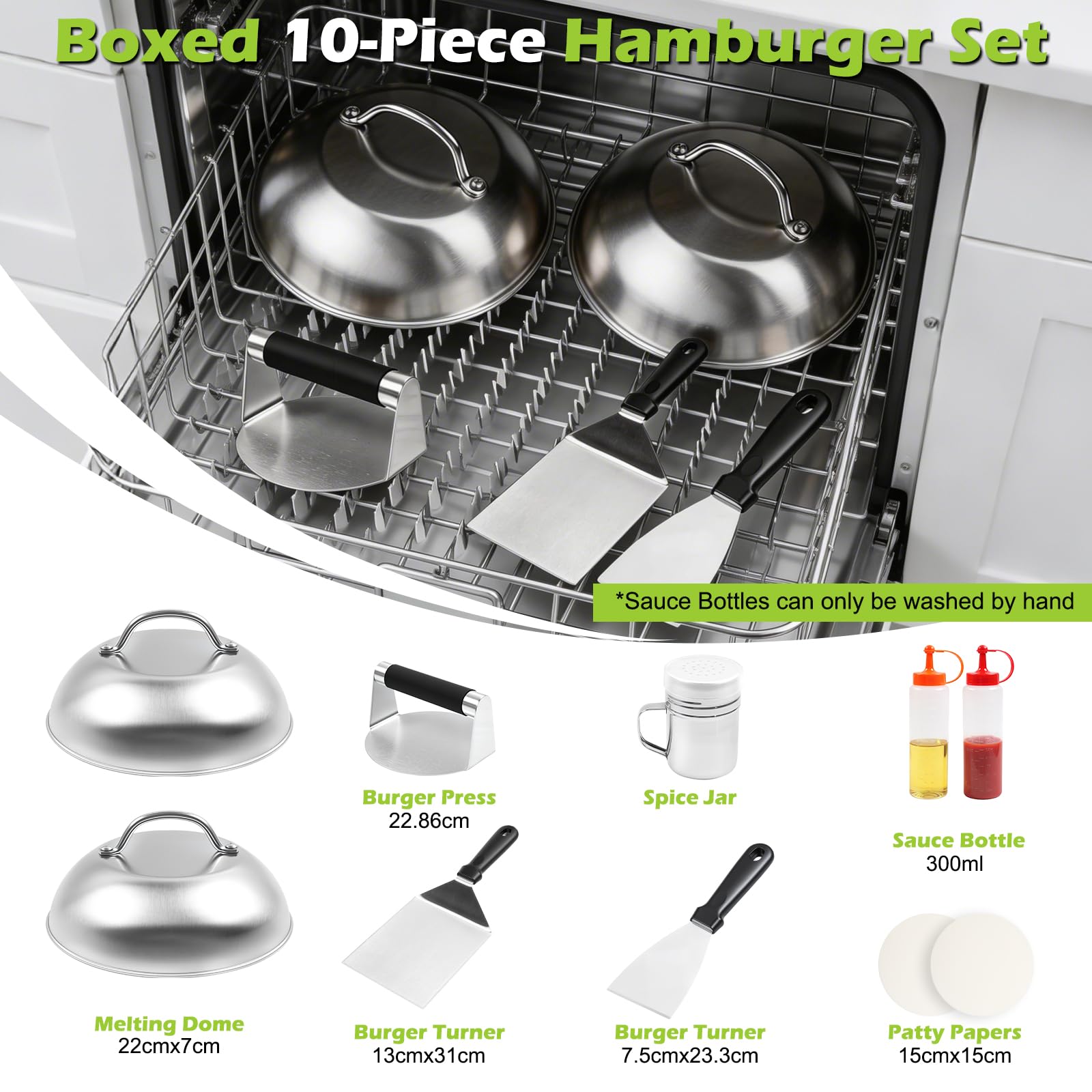 MaxAwe 10-TLG Smash Burger Set, Edelstahl Grillbesteck Set mit 2 Burgerglocken, 2 Grillspachtel, 2 Squeeze Flasche, Burgerpresse, Gewürzstreuer & 100 Antihaftpapieren, Burger Smasher Grill Set