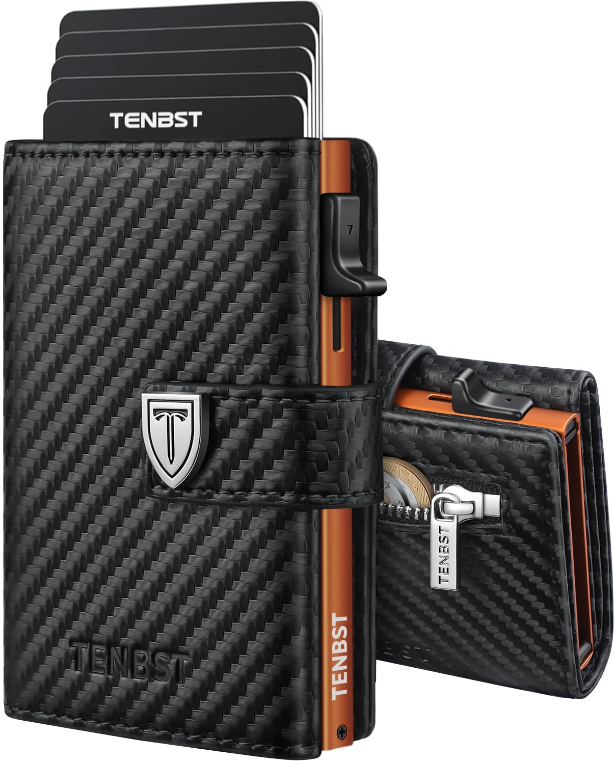 TENBST Ultradünne Geldbörse Herren, Portmonee Herren mit Münzfach & RFID Schutz, Premium Slim Wallet, Luxus Geldbeutel Kartenetui für 10 Kreditkarten, Geschenke zum Vatertag - Schwarz & Orange