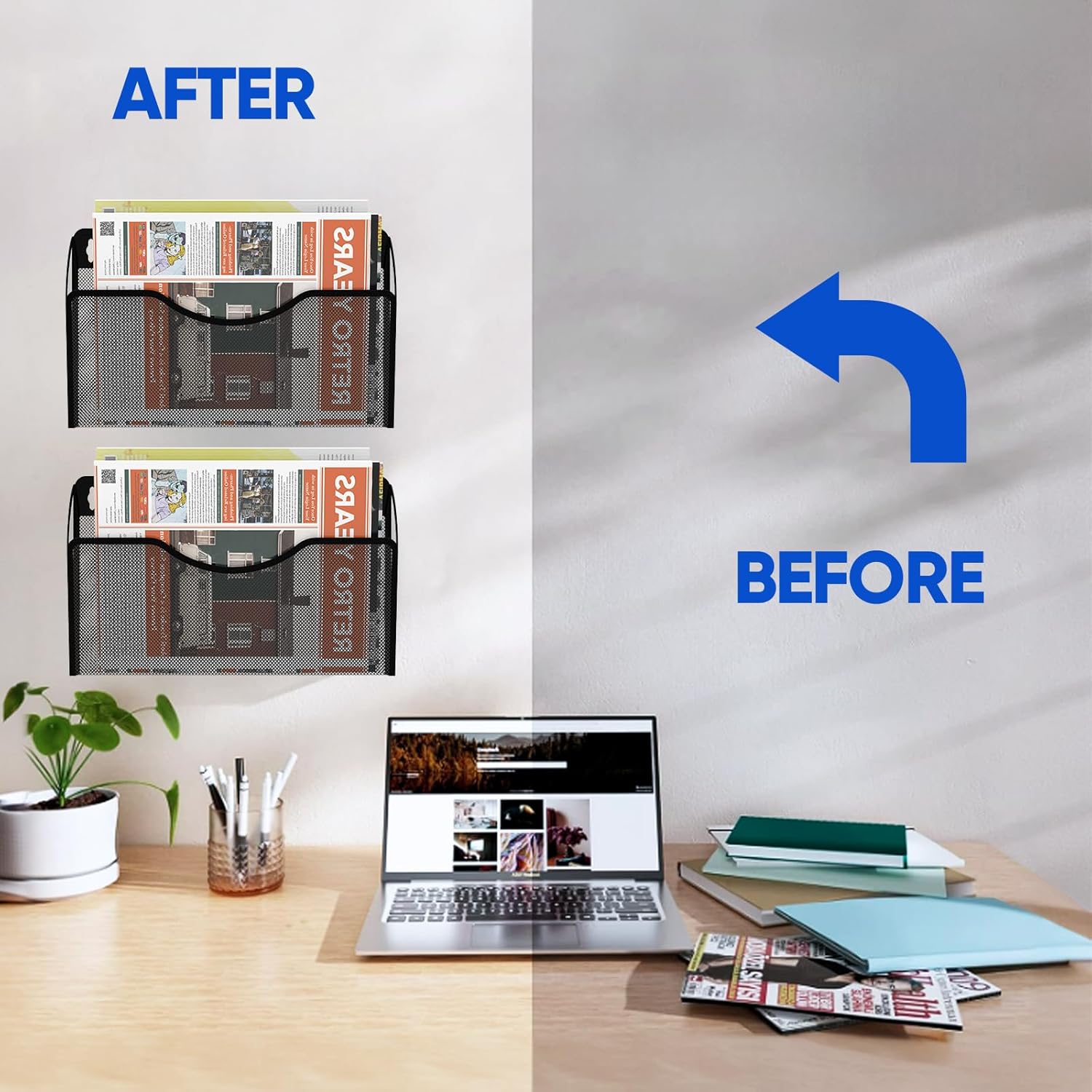 Magnetic File Holder 2 Pockets File Folder Organizer, Office Hanging Magazine Rack for Refrigerator, White Board, No Drilling Paper Document Holder Mail Organizer for File Cabinets