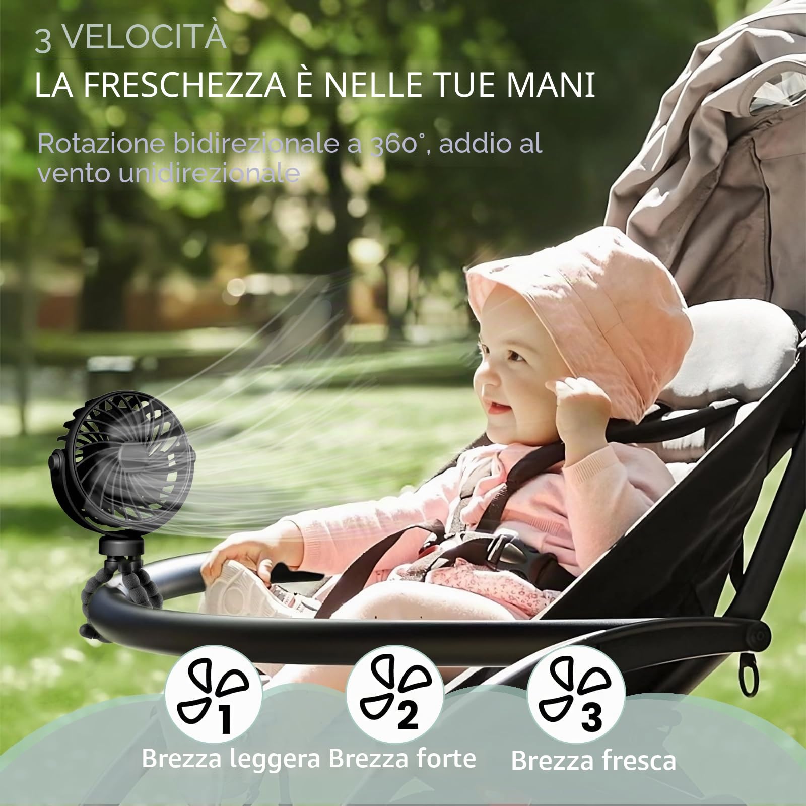 Ventilatore Portatile a Batteria Ricaricabile USB,Ventilatore Portatile Per Passeggino Rotazione a 360° a 3 Velocità con Treppiede Flessibile per Passeggino, Tapis Roulant, Culle (Nero)