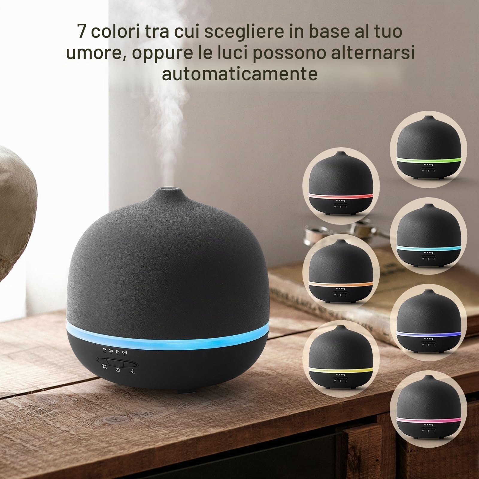 JESMAY Diffusore di aromi in ceramica per oli essenziali, 500 ml, umidificatore nero, striscia di luce ambientale a 7 colori, con timer, spegnimento automatico anidro