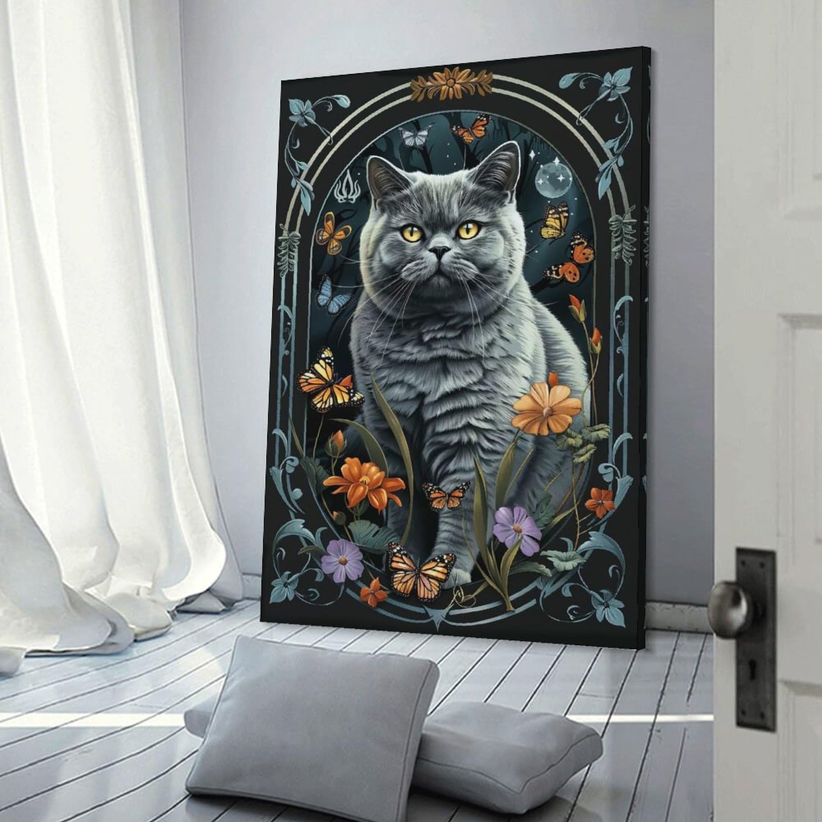 Junmoney British Shorthair Canvas Wall Picture 24x36inch(60x90cm), for Living Spaces, Bedrooms Or Relaxed Rooms, Modern Wall Decor for Cosy Interiors