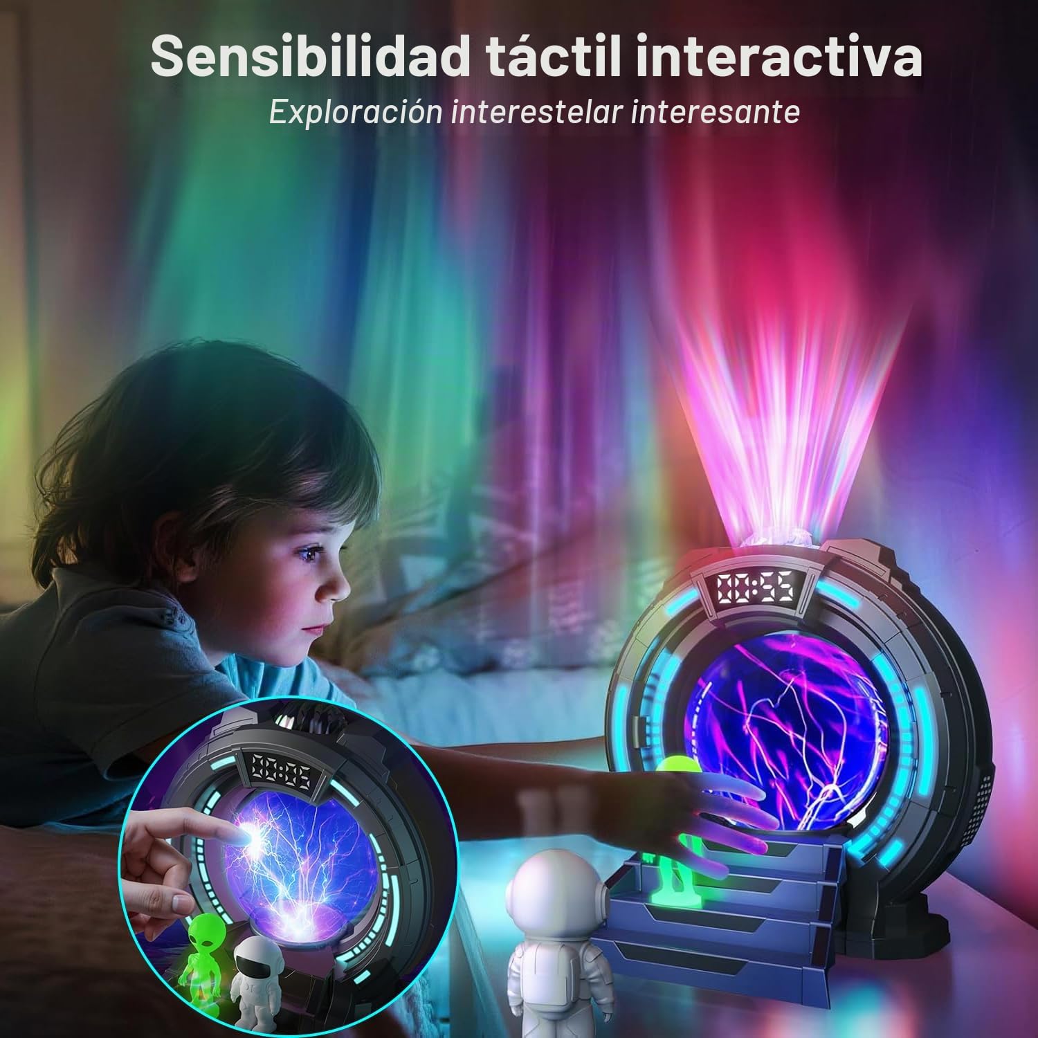 Proyector Galaxia Estrellas Stargate Bola Plasma, Proyector Astronauta Techo Aurora Boreal Luz Nocturna con Ruido Blanco, Altavoz, Despertador y Control Remoto para Dormitorio Gaming Regalos Navidad