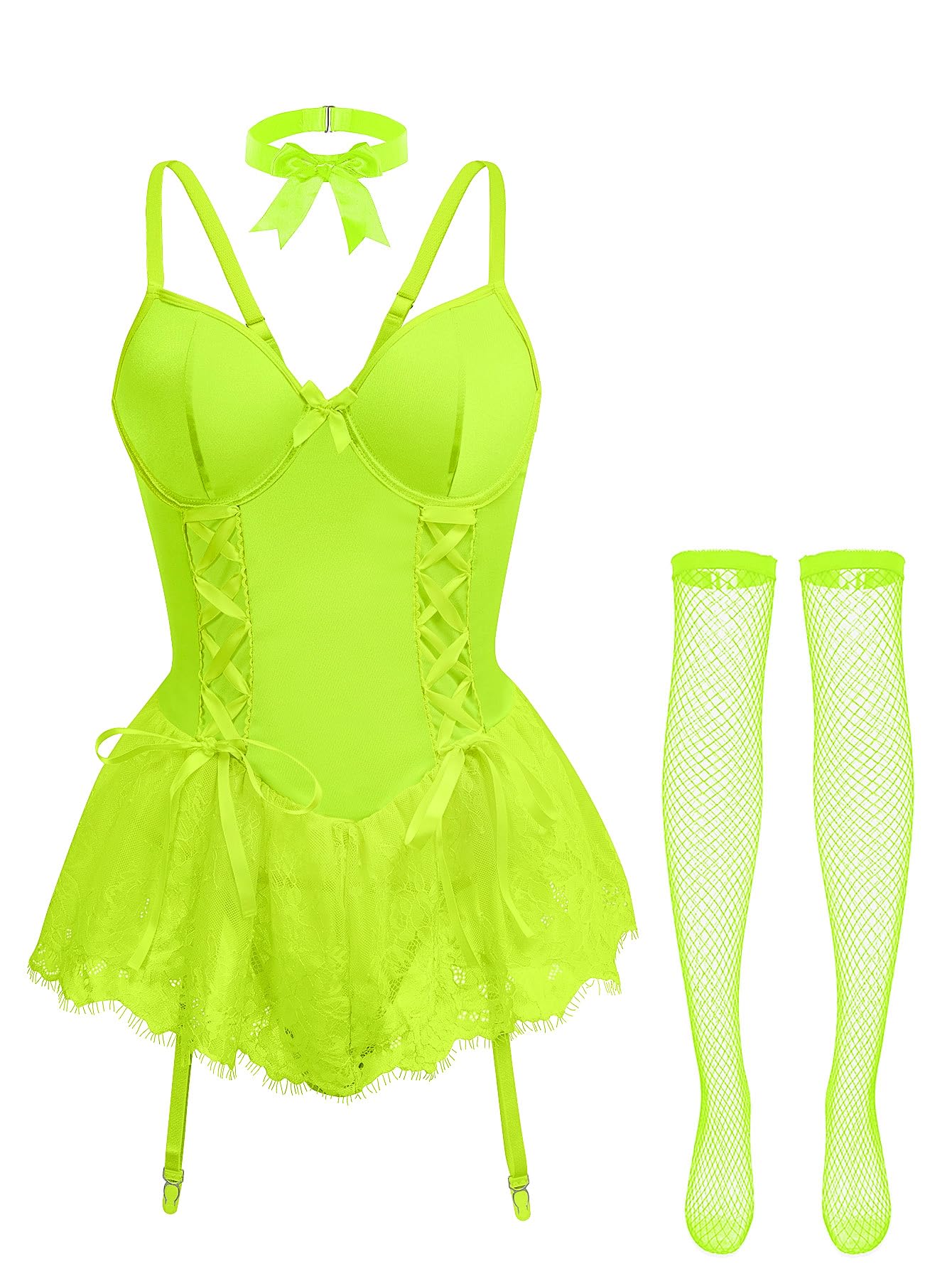 Sexy outfit Seksowny gorset typu choker z fiszbinami, koronkowa przezroczysta podwiązka pończochy komplet bielizny Babydoll ze stringami 4-częściowe stroje