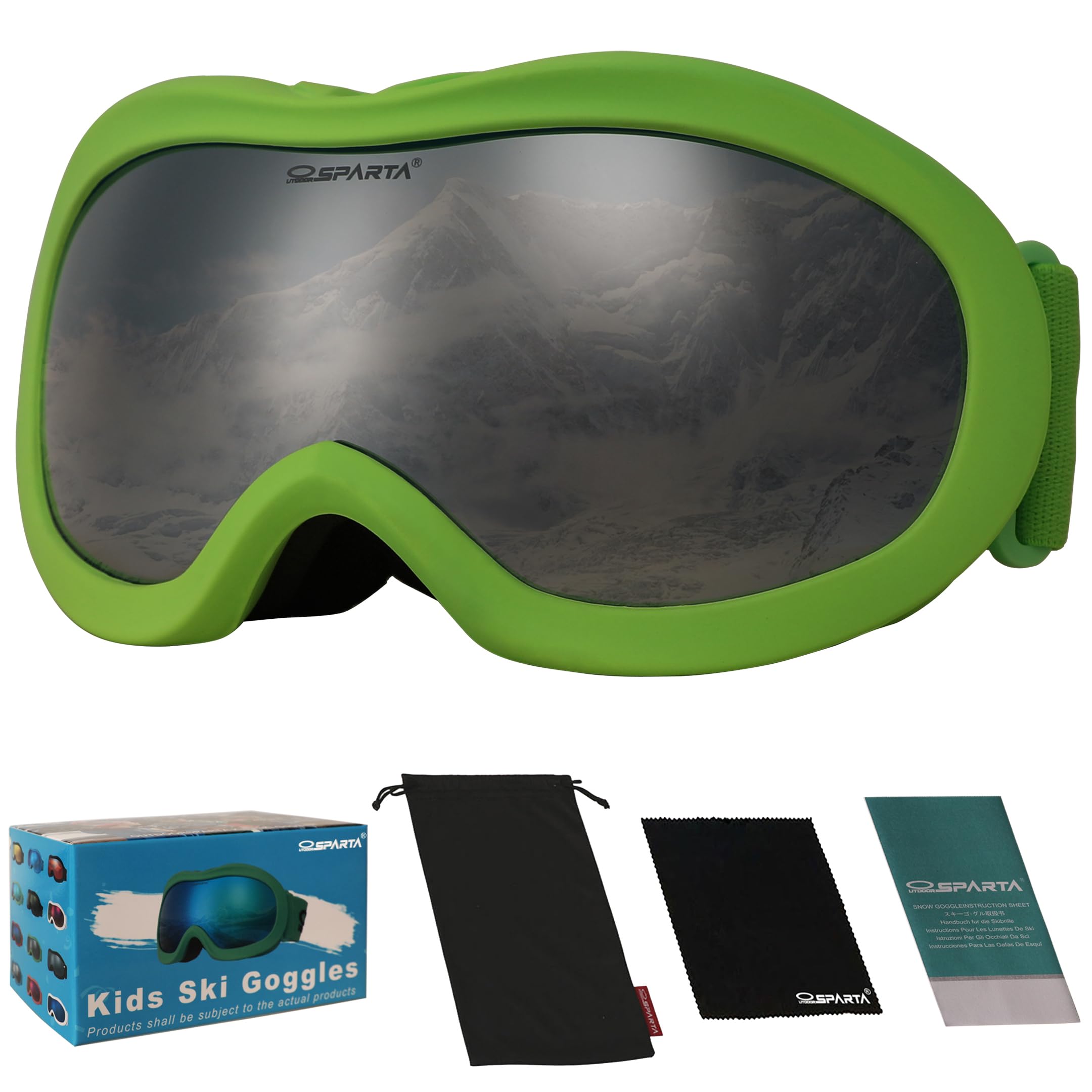 OUTDOORSPARTA Kids Ski Goggles, Kids Snowboarding Goggles for Boys Girls Toddler Age 3-14 with 100% UV Protection (14. Green Frame, Full Lens Mirrored Silver)
