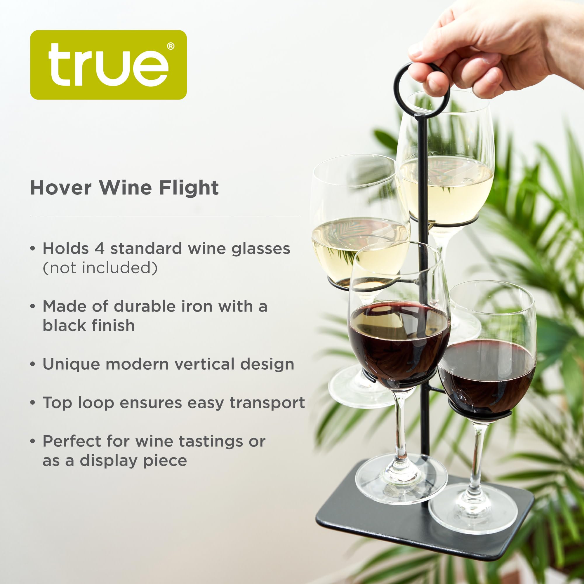 True Hover Flight Server Made of Iron Holds 4 Stemmed Wine Glasses or Champagne Flutes, Hosting Essentials, Home Bar Cart Accessories, Set of 1, Black